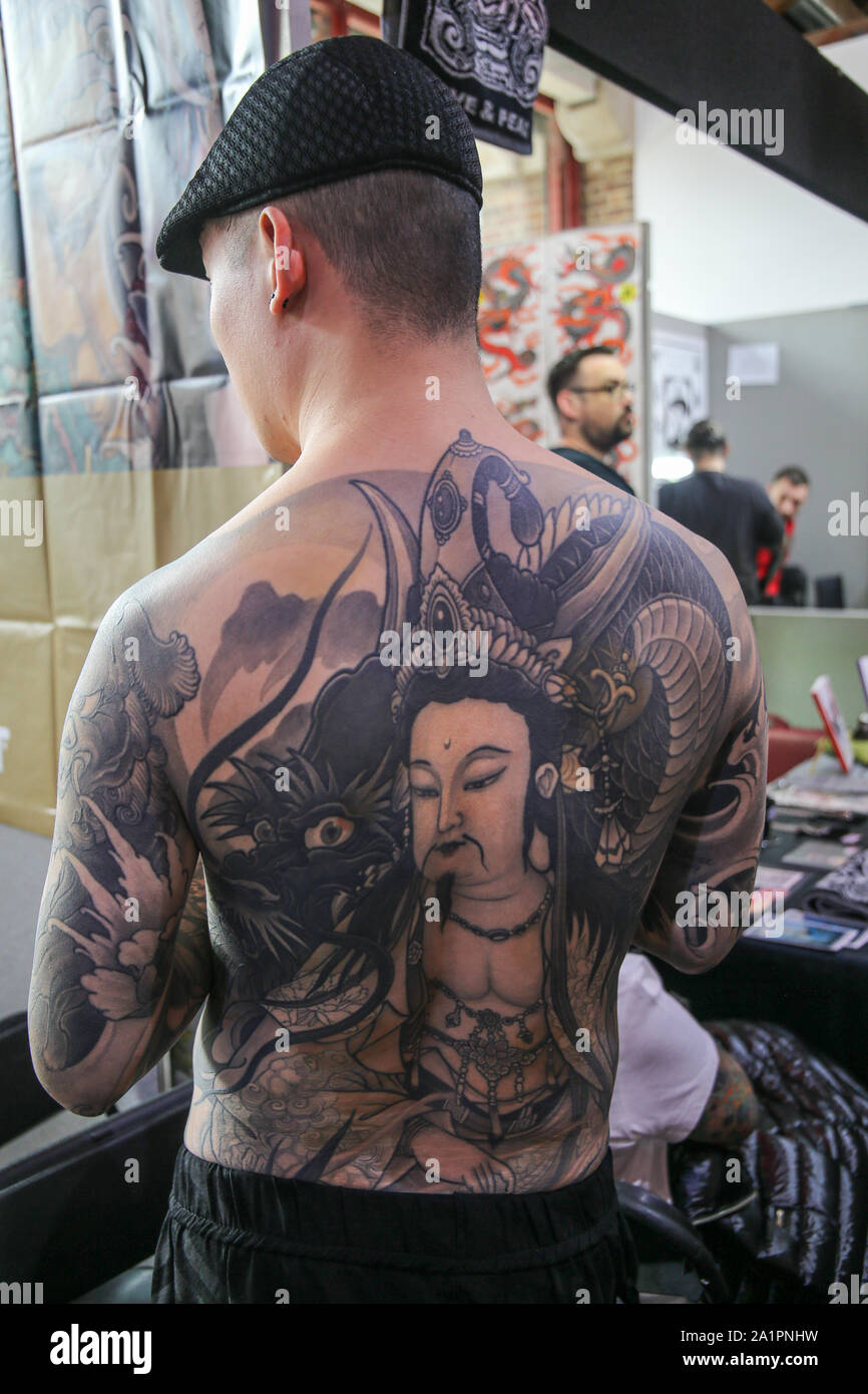 London, UK. 28th Sep, 2019. The second da at the 15th Anniversary Edition of The International London Tattoo Convention, was visited by a large crowd who come to be inked and to enjoy all this wonderful Tattoo convention has to offer.With over 200 Tattoo artists bringing all styles of tattooing, live shows with the Fuel Girls, tattooed fashion models, and the great and interesting people who come to show off their tattoos.Paul Quezada-Neiman/Alamy Live News Credit: Paul Quezada-Neiman/Alamy Live News Stock Photo