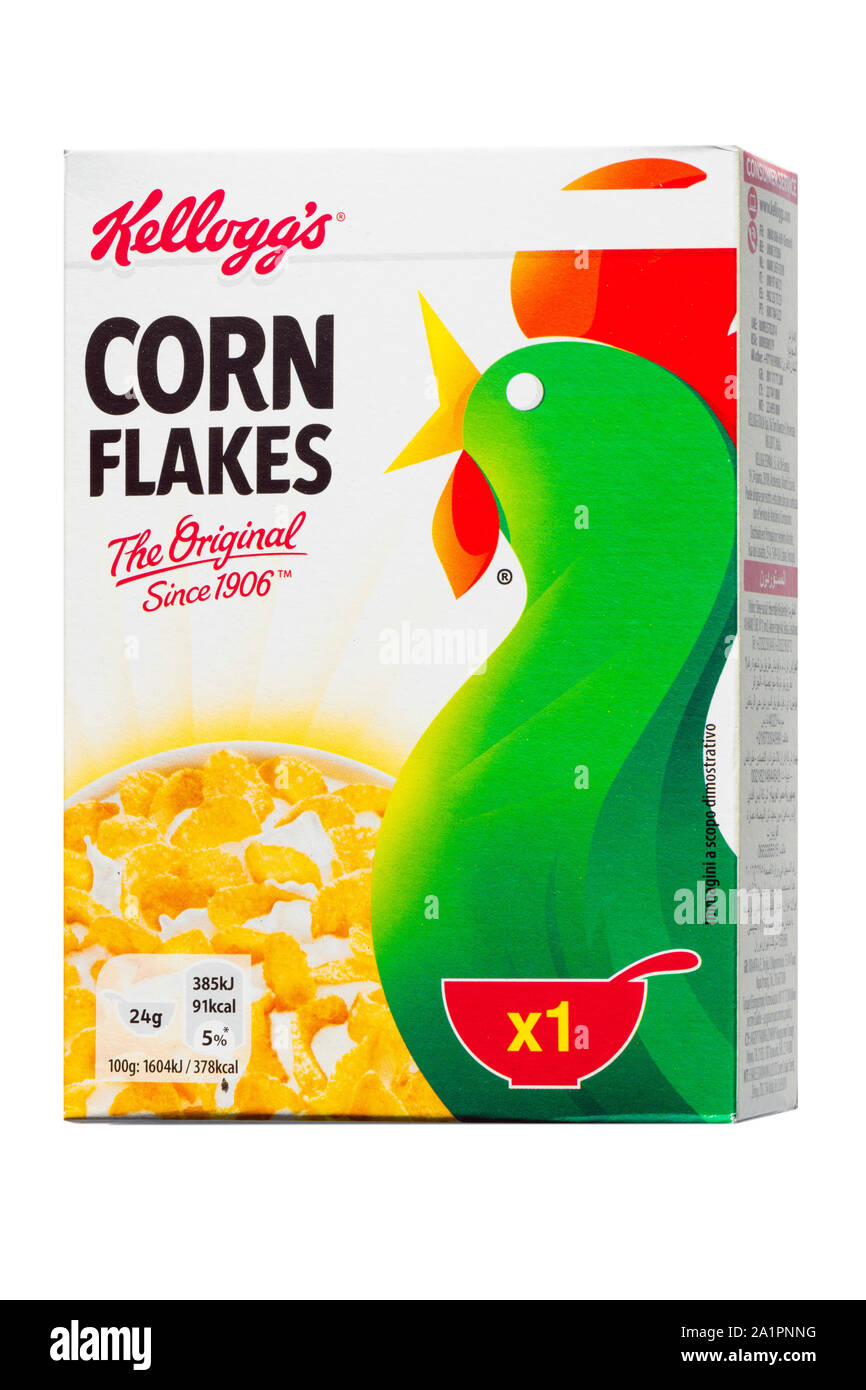 Kellogg's cornflakes box with a single portion of breakfast cereal, cut out or isolated on a white background. Kelloggs corn flakes, UK. Stock Photo