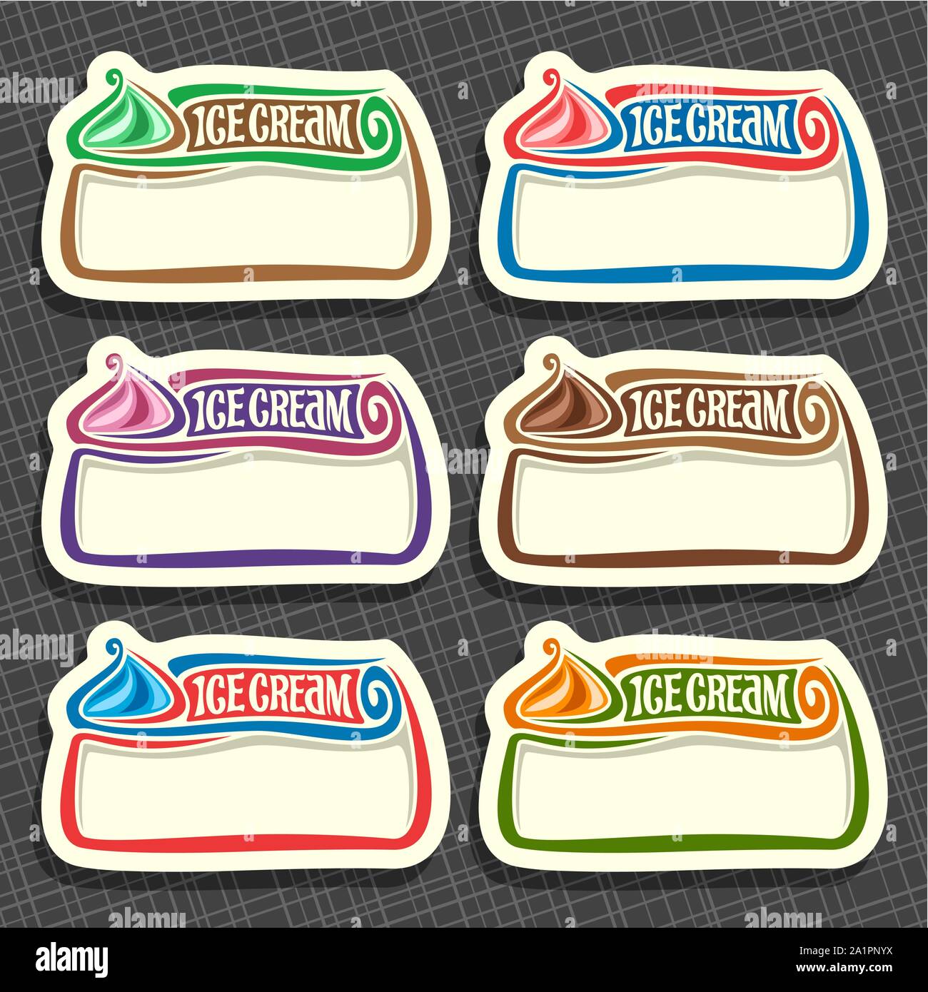Vector set of Ice Cream Labels: 6 price tags with copy space for icecream sale info, colorful vintage signs with lettering title - ice cream with whit Stock Vector