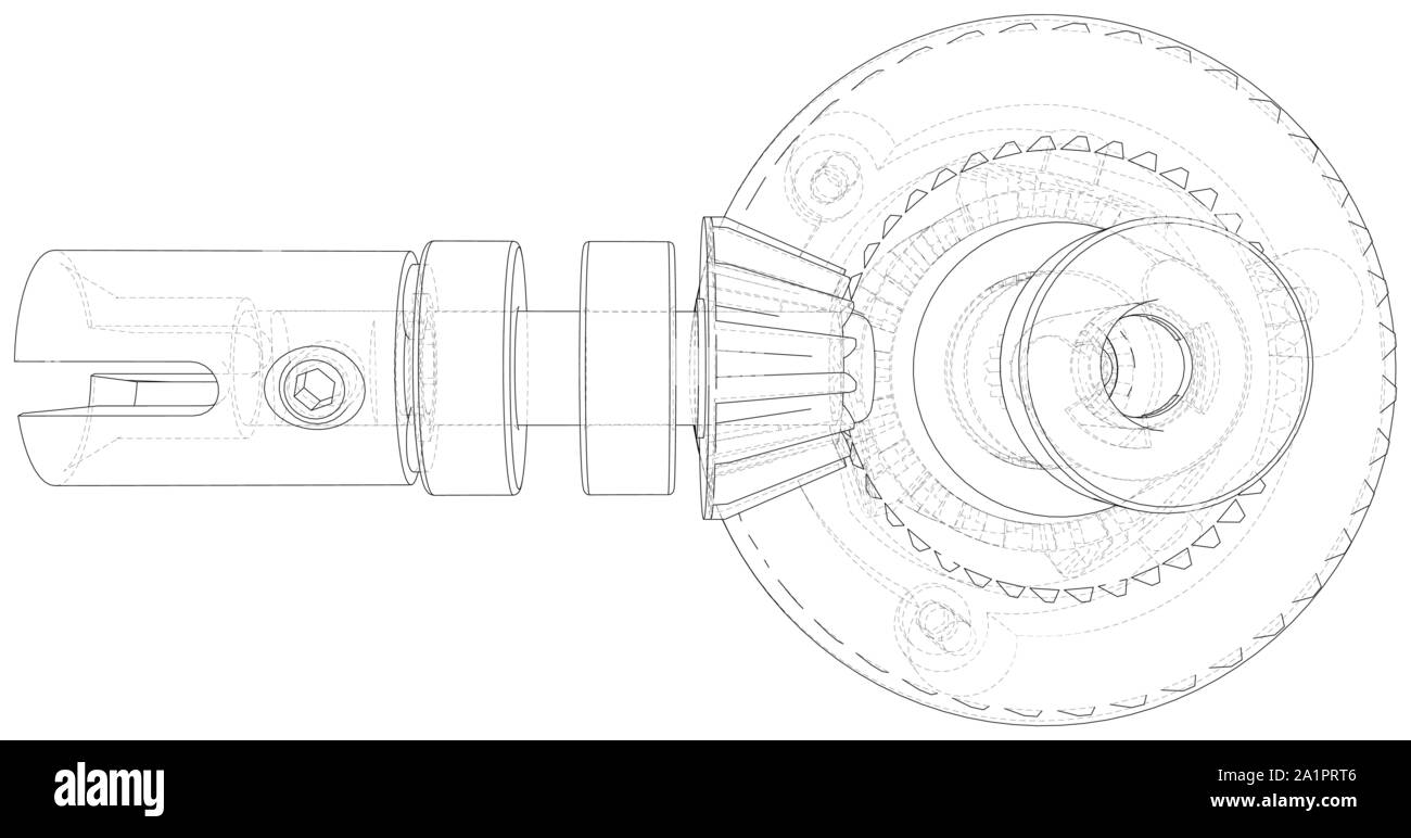 Inside view on gearbox cross section with gears and shafts. Wire-frame. EPS10 format. Vector created of 3d. Stock Vector
