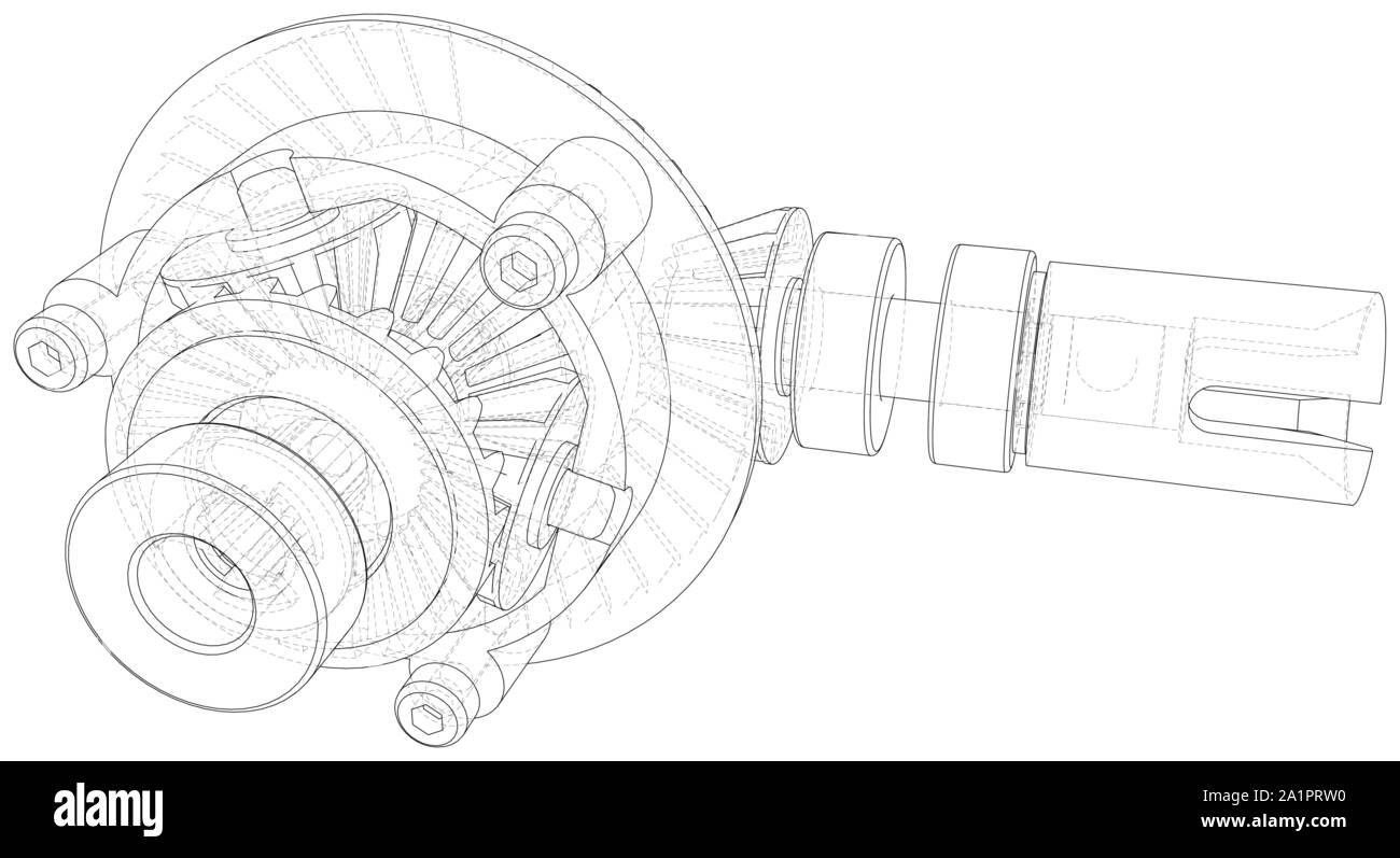 Automobile car gearbox with toothed wheels. Inside view on gearbox cross section with gears and