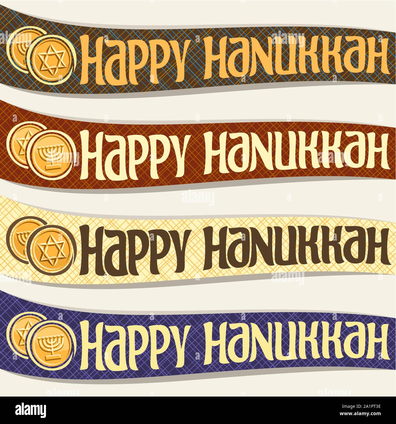 Vector set of ribbons for Hanukkah holiday, curved banners with golden