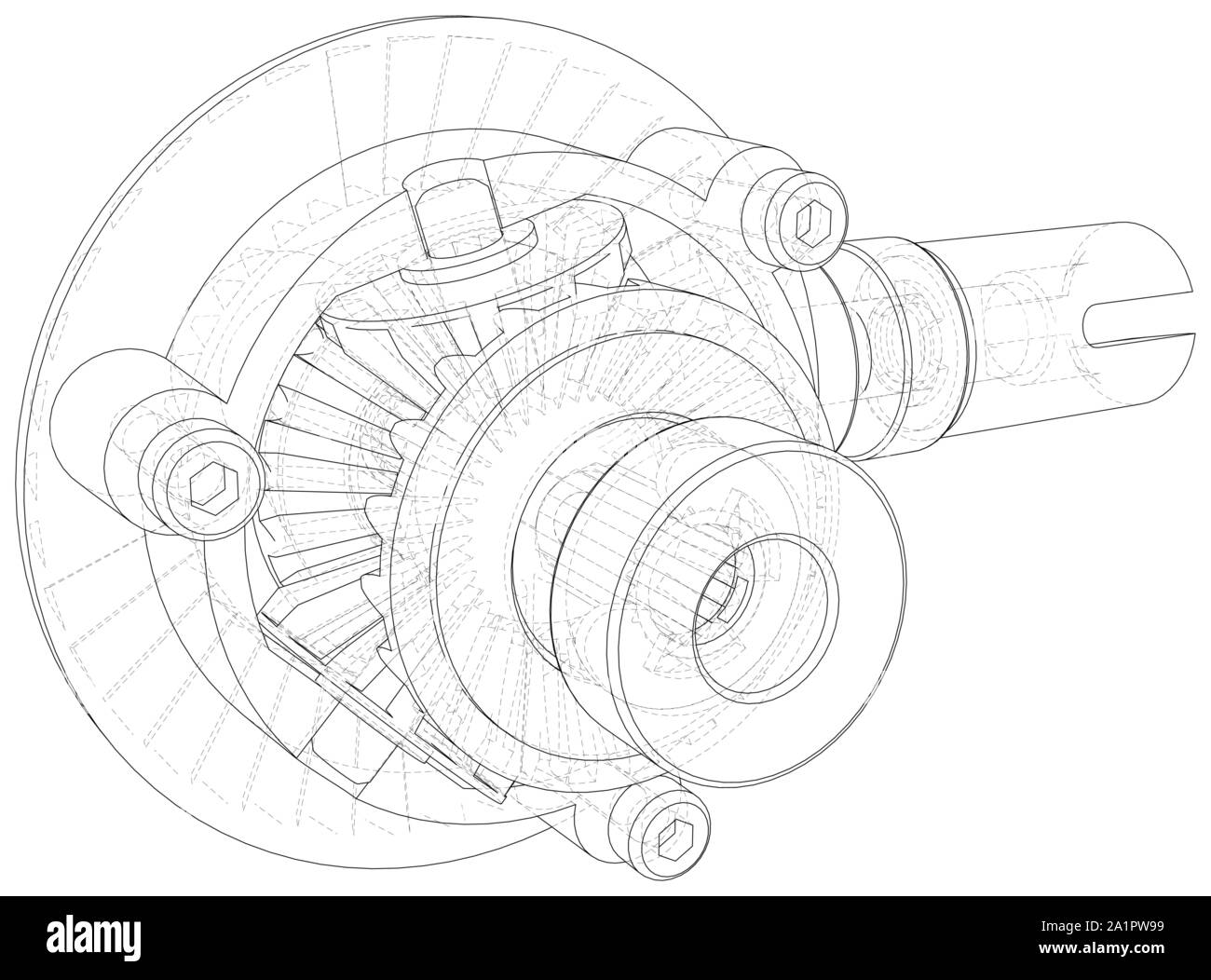 Gear wheels close-up. Vector rendering of 3d. Wire-frame. Stock Vector