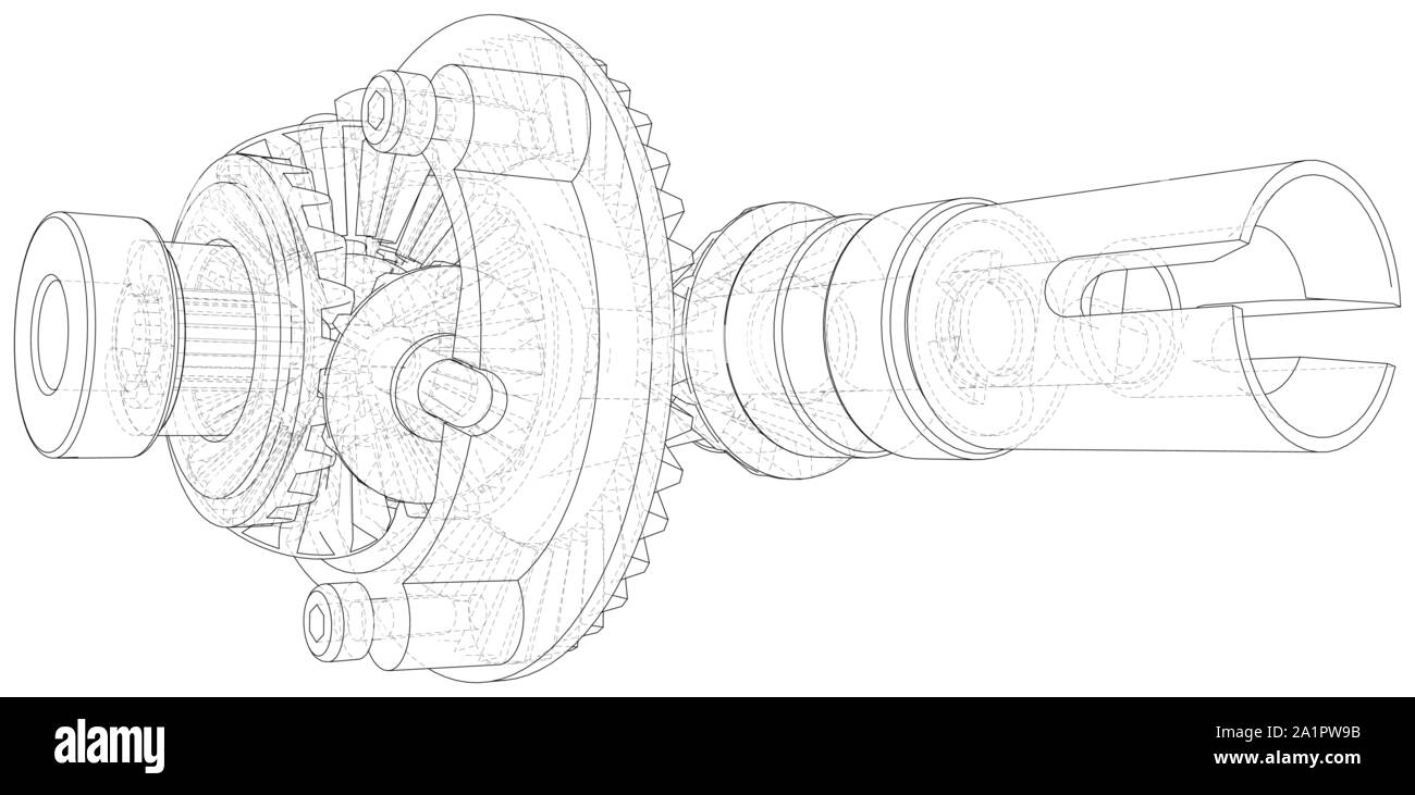 Automobile car gearbox with toothed wheels. Wire-frame. EPS10 format. Vector created of 3d. Stock Vector