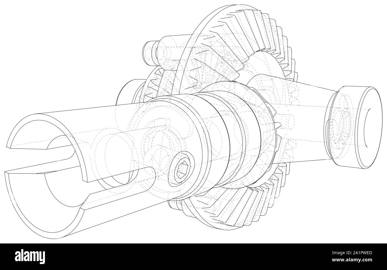 Transmission gearbox inside on white background. Vector rendering of 3d