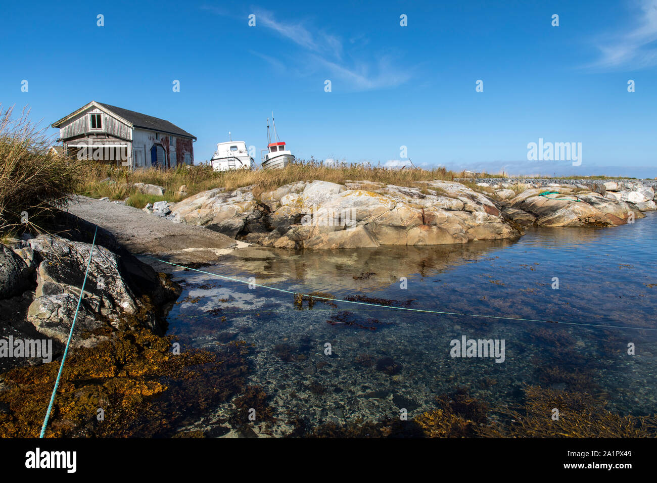 cottage on island Heroy, Norway Stock Photo