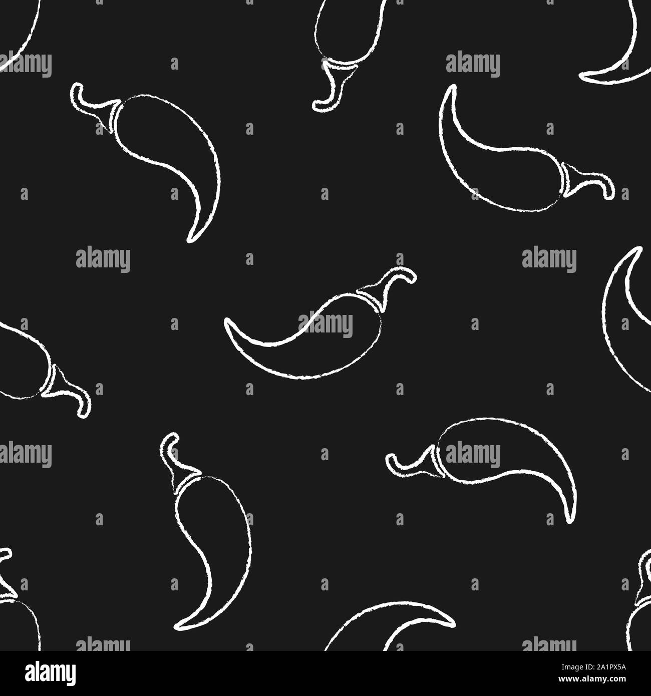 Fresh chilli vegetable chalk style seamless pattern. Contour design background on black chalkboard with chalk silhouette chili pepper vegetables. Seamless illustration for healthy diet pattern Stock Photo