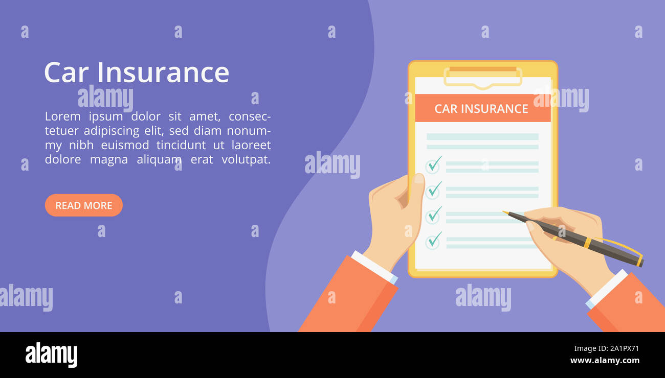Car insurance policy on clipboard with hands landing page concept. Online service for auto insurance quotes