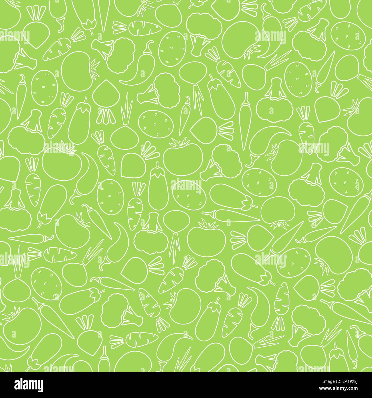 Seamless silhouette vegetable pattern flat illustration. Modern seamless texture pattern design with harvest contour vegetable in white, green color for healthy diet decor or vintage wallpaper Stock Photo