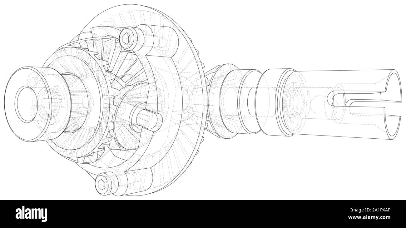 Automobile car gearbox with toothed wheels. Inside view on gearbox cross section with gears and
