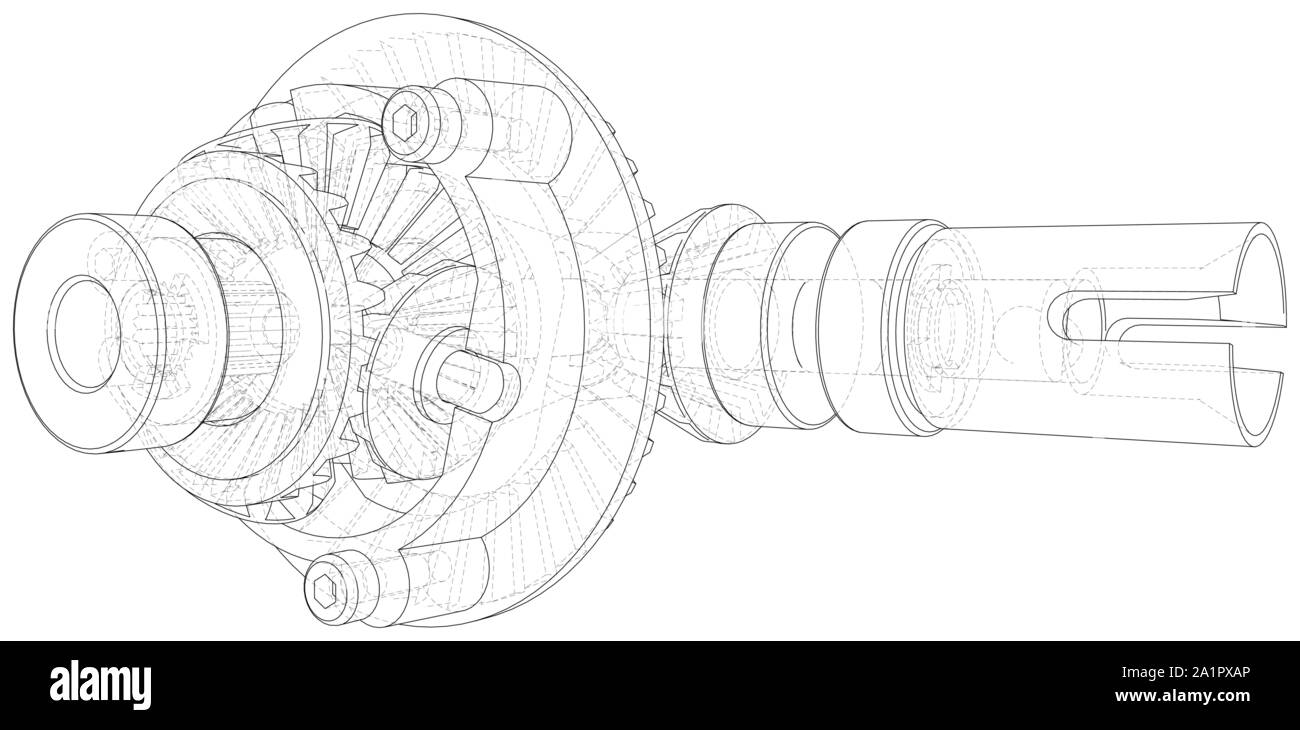 Automobile car gearbox with toothed wheels. Inside view on gearbox cross section with gears and shafts. Vector of 3d. Wire-frame style. Stock Vector