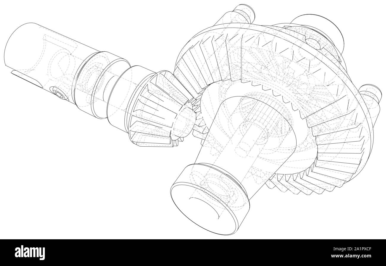 Automobile car gearbox with toothed wheels. Inside view on gearbox cross section with gears and shafts. Vector of 3d. Wire-frame style. Stock Vector