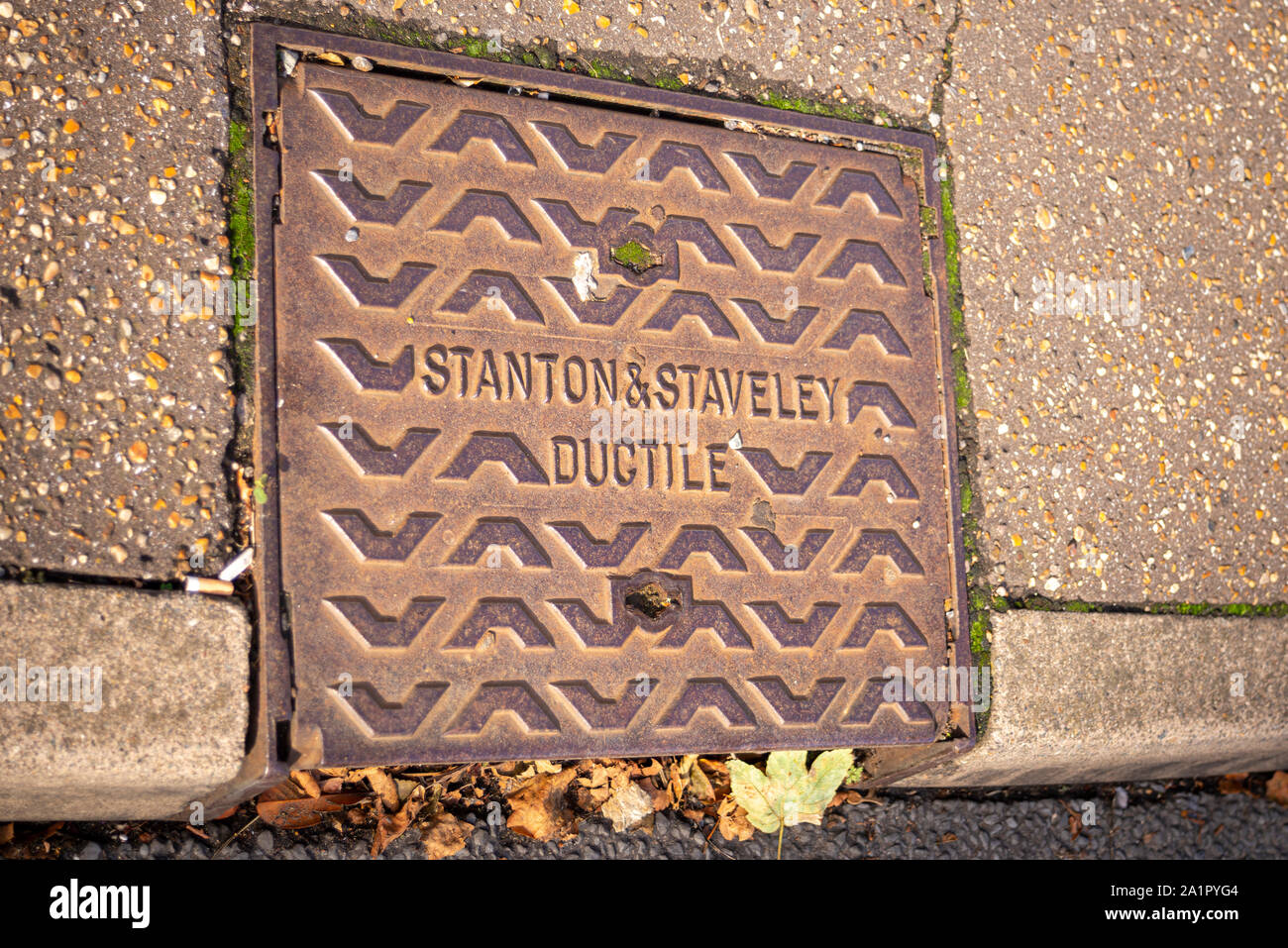 Manhole access cover in Southend on Sea, Essex, UK. Stanton & Staveley Ductile. Curb drain cover with autumn leaves. Space for copy Stock Photo