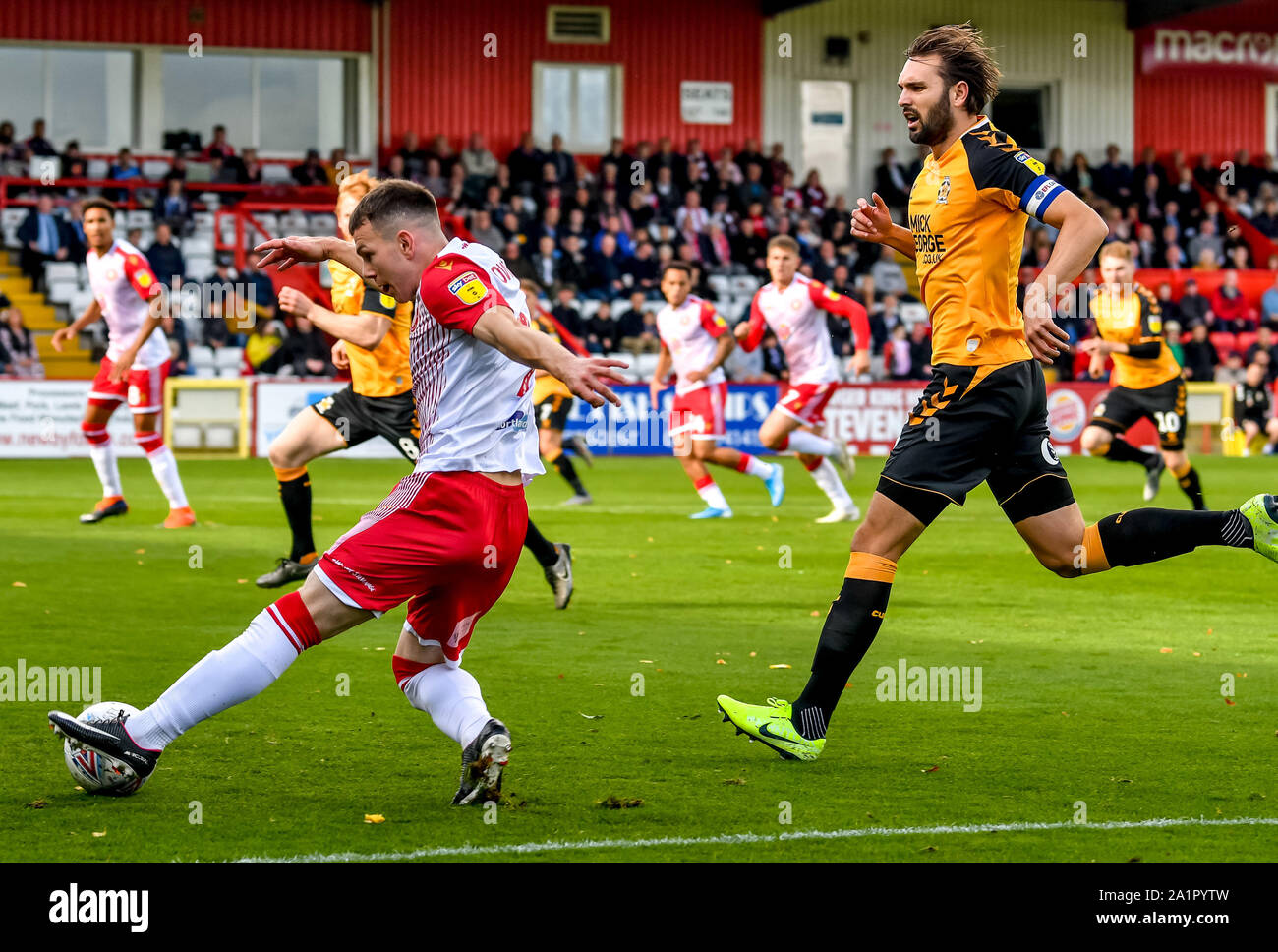 Stevenage, UK. 28th Sep, 2019. Jason Cowley of Stevenage FC gathers the ball during the EFL Sky Bet League 2 match between Stevenage and Cambridge United at the Lamex Stadium, Stevenage, England on 28 September 2019. Photo by Phil Hutchinson. Editorial use only, license required for commercial use. No use in betting, games or a single club/league/player publications. Credit: UK Sports Pics Ltd/Alamy Live News Stock Photo