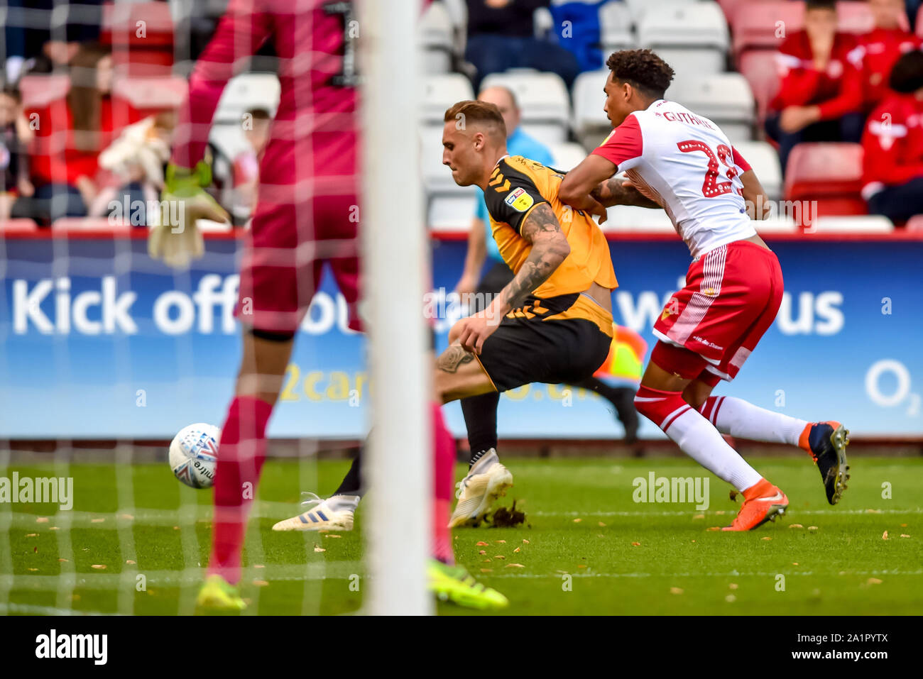 Stevenage, UK. 28th Sep, 2019. Kurtis Guthrie of Stevenage FC challenges during the EFL Sky Bet League 2 match between Stevenage and Cambridge United at the Lamex Stadium, Stevenage, England on 28 September 2019. Photo by Phil Hutchinson. Editorial use only, license required for commercial use. No use in betting, games or a single club/league/player publications. Credit: UK Sports Pics Ltd/Alamy Live News Stock Photo