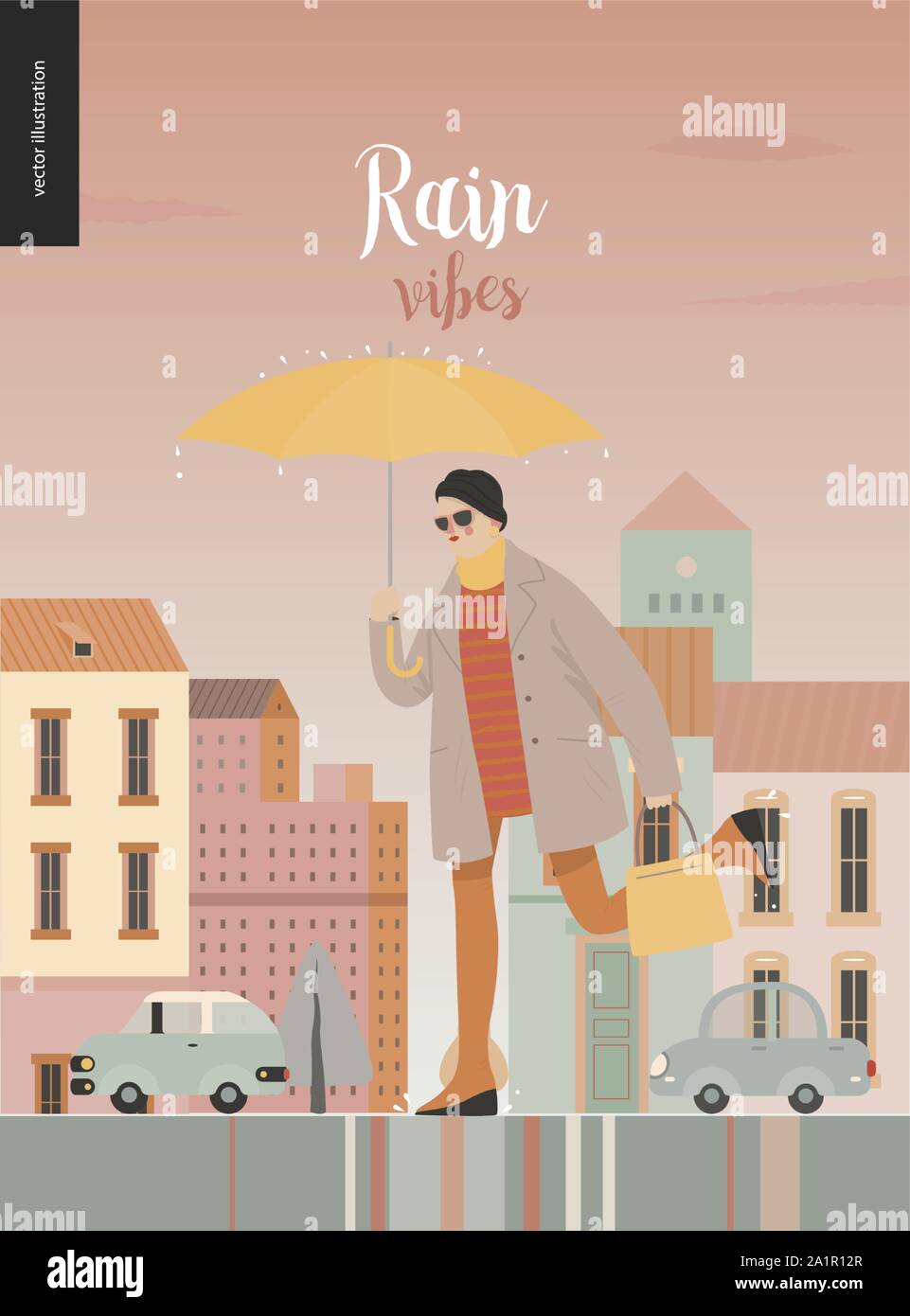 Rain -running person -modern flat vector concept illustration of an adult woman or man wearing turban and sunglasses, with umbrella, running in the ra Stock Vector