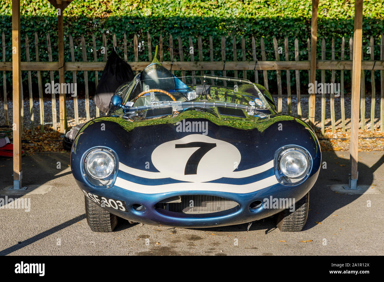 1955 Jaguar D-Type 'Long Nose' of Gary Pearson in the paddock at the 2019 Goodwood Revival, Sussex, UK. Sussex Trophy entrant. Stock Photo