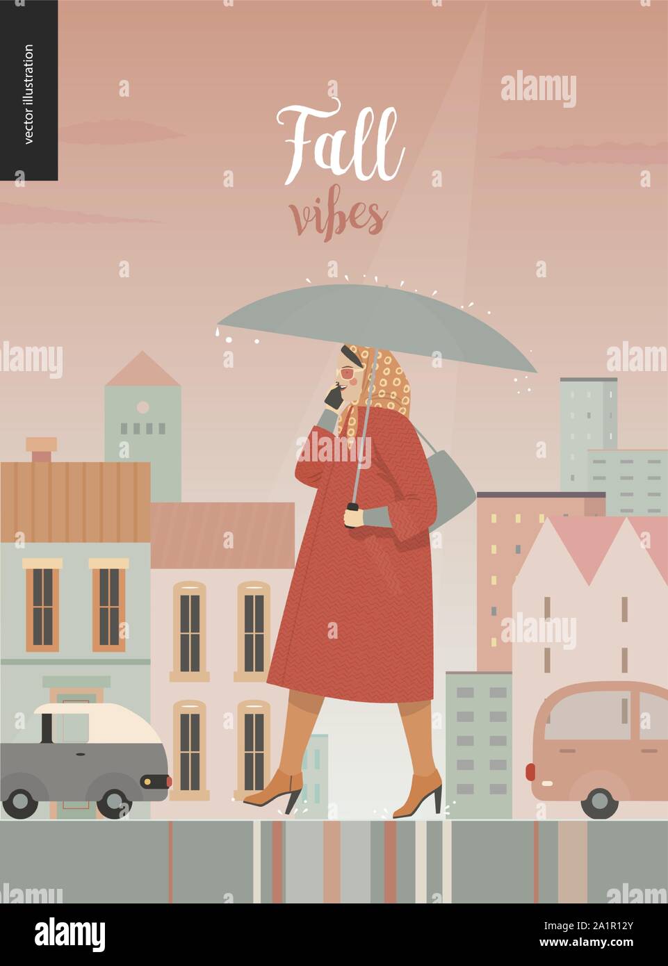 Rain -walking woman -modern flat vector concept illustration, woman wearing coat, kerchief and sunglasses, with umbrella and phone, standing in the ra Stock Vector