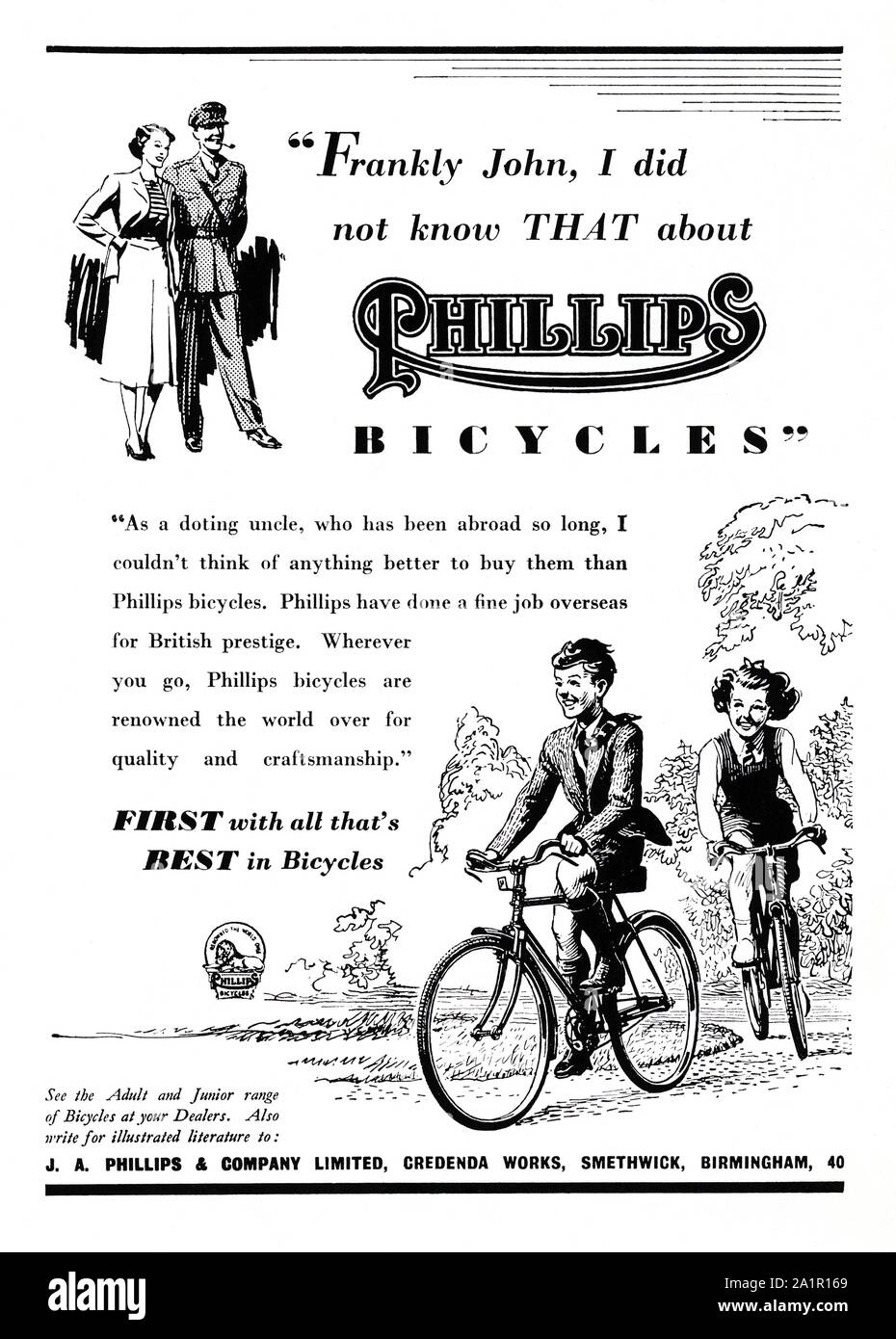 Advert for Phillips Cycles, 1951. The illustration shows children riding their bikes with adults looking on. Phillips Cycles Ltd. was a British bicycle manufacturer based in Smethwick near Birmingham, England. It began making bicycles early in the 20th century and, for a number of years, the company was the second-largest bicycle producer in Britain, after Raleigh. Stock Photo