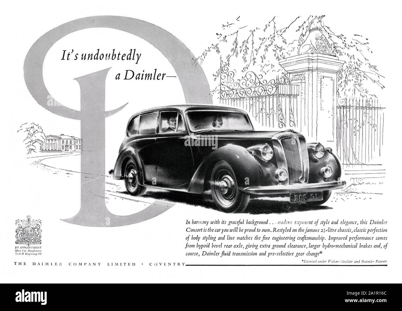 Advert for a Daimler Consort car, 1951. The illustration shows a car leaving the gates of a stately home. The Daimler DB18 (or Consort) was a luxury car which was produced by Daimler from 1939 to 1953. It From 1949, the DB18 was revised to become the Daimler Consort. Stock Photo