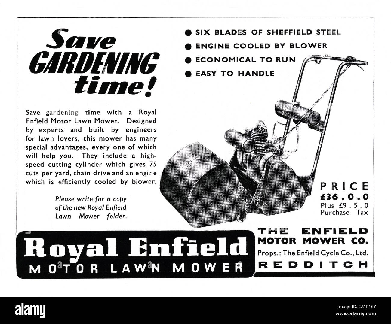 Advert for Royal Enfield motor mower, 1951, emphasising its time-saving ability in the garden. Royal Enfield was a brand name under which The Enfield Cycle Company Limited of Redditch, Worcestershire made and sold motorcycles, bicycles, lawnmowers and stationary engines. Stock Photo