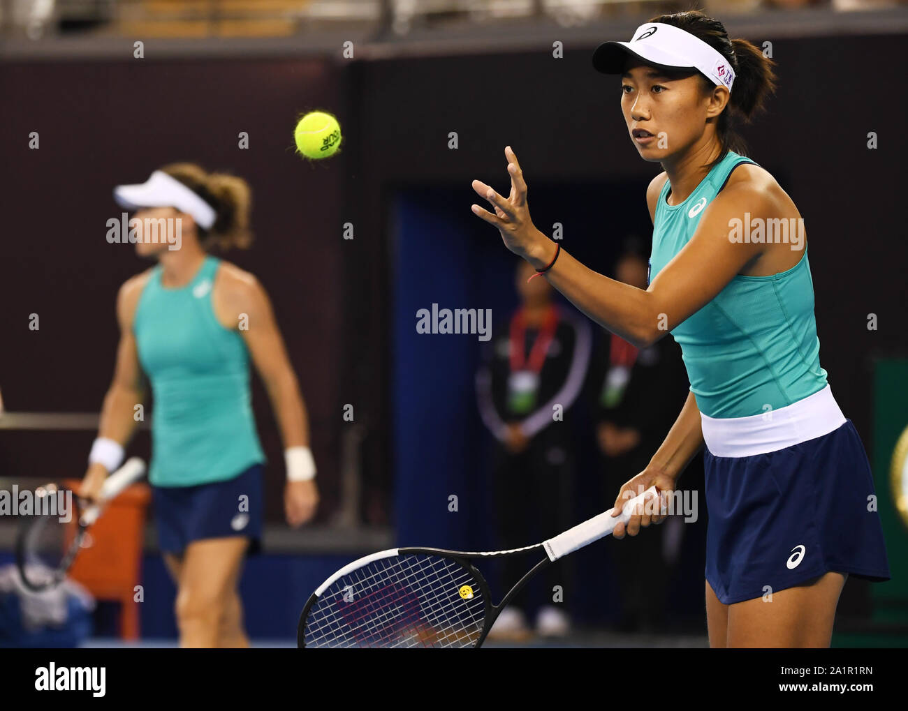 Beijing, China. 28th Sep, 2019. Samantha Stosur of Australia/Zhang Shuai  (R) of China practice before the women's doubles first round between Alicja  Rosolska of Poland/Storm Sanders of Australia and Samantha Stosur of