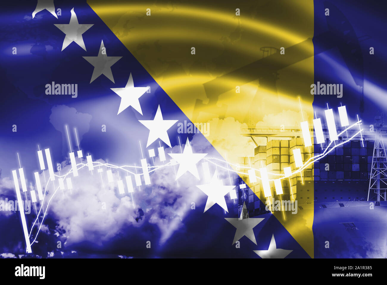Bosnia and Herzegovina flag, stock market, exchange economy and Trade, oil production, container ship in export and import business and logistics. Stock Photo