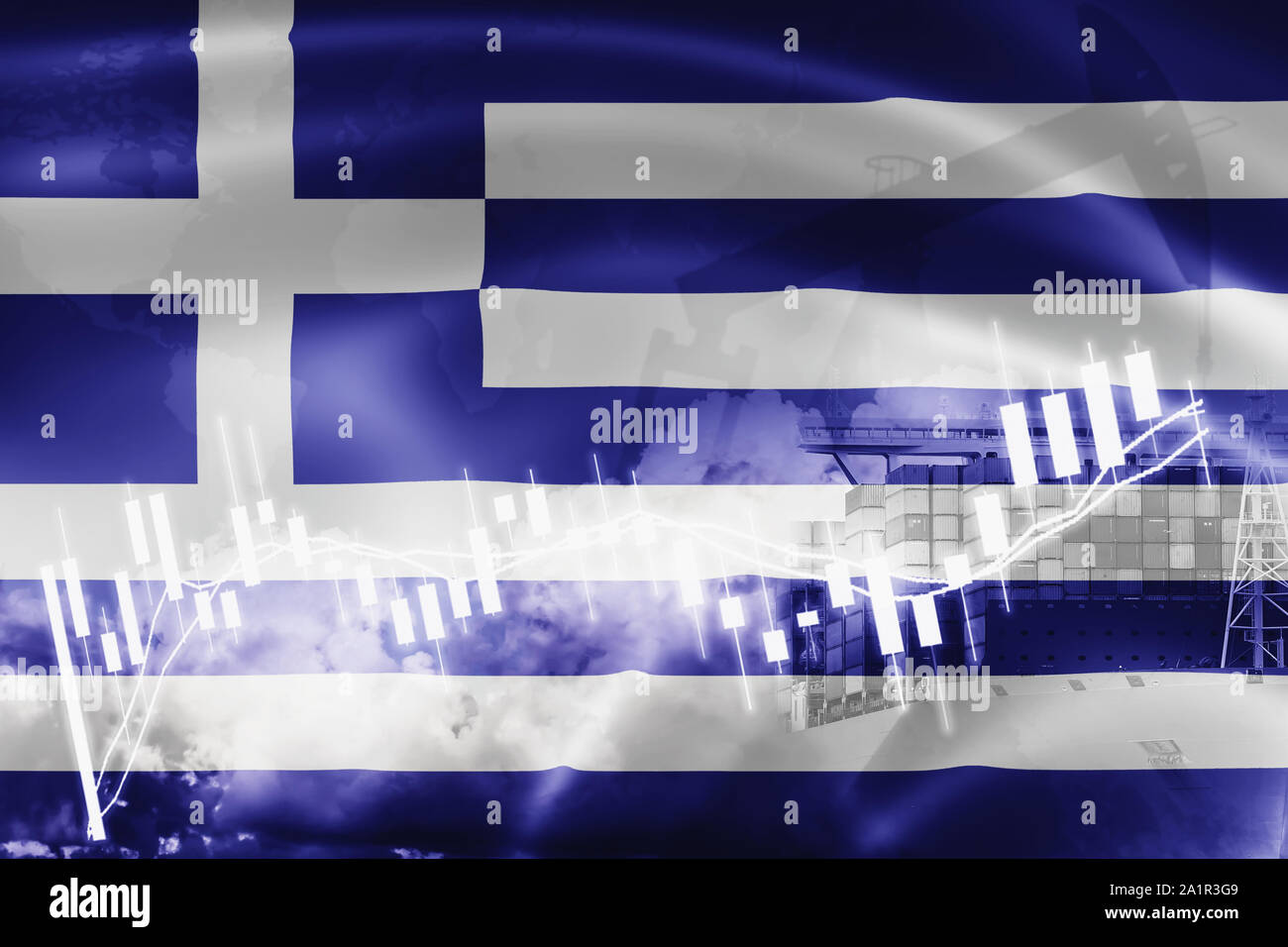 Greece flag, stock market, exchange economy and Trade, oil production, container ship in export and import business and logistics. Stock Photo