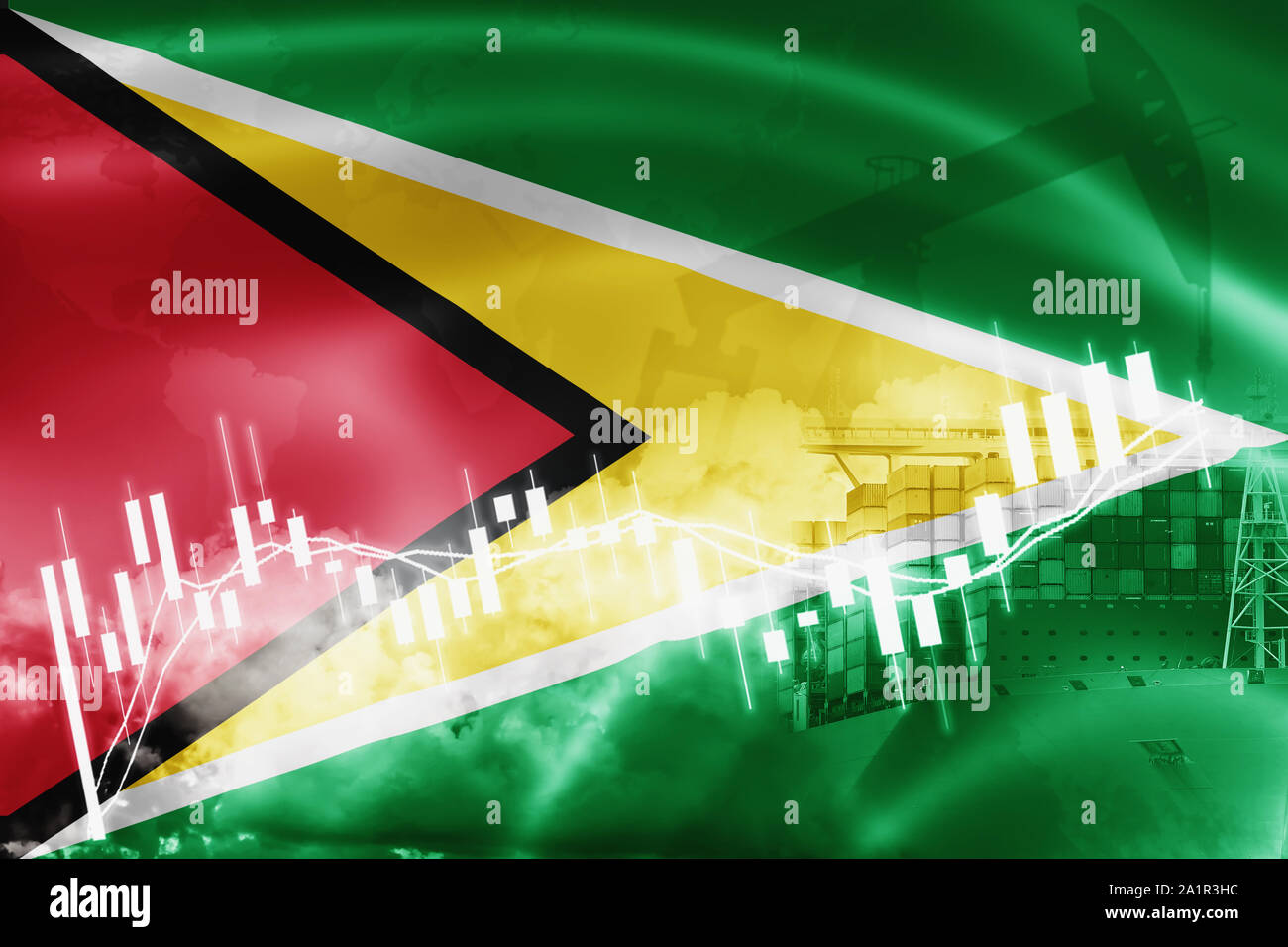 Guyana flag, stock market, exchange economy and Trade, oil production
