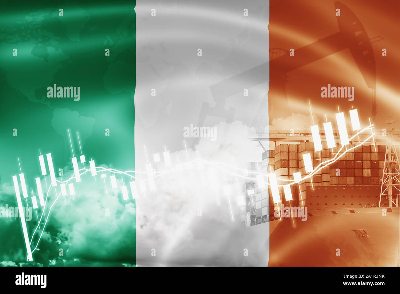 Ireland flag, stock market, exchange economy and Trade, oil production
