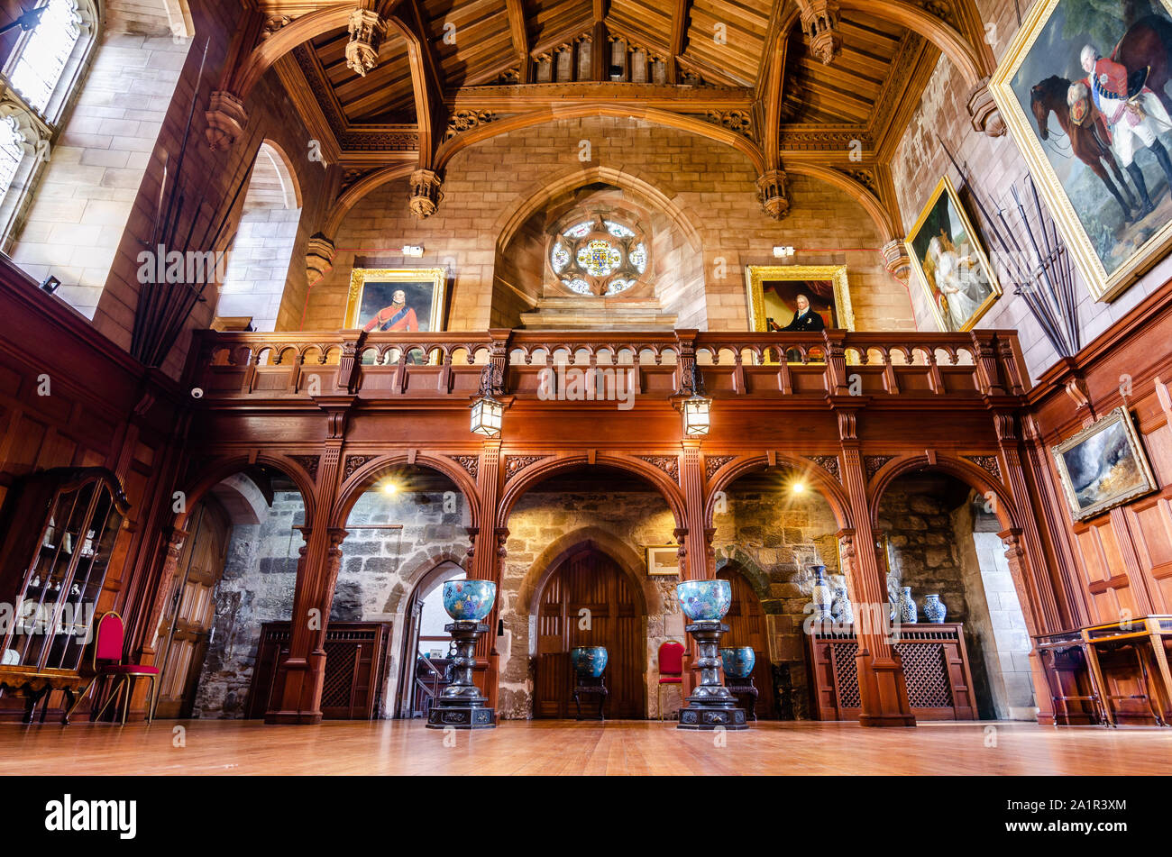 Long exposure of the interior of the King’s Hall of Bamburgh Castle in Northumberland, UK on the 23rd September 2019 Stock Photo