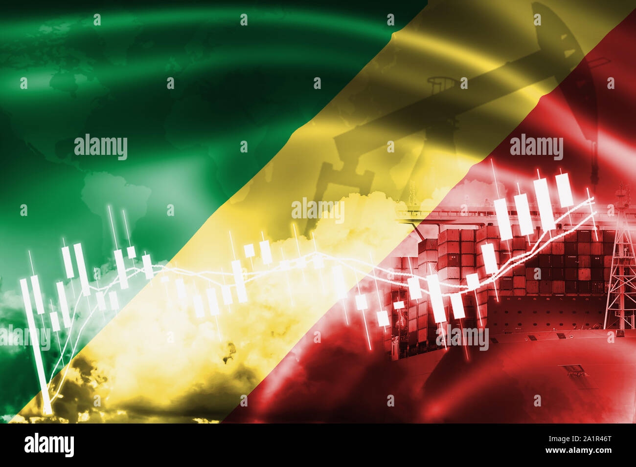 Republic of the Congo flag, stock market, exchange economy and Trade, oil production, container ship in export and import business and logistics. Stock Photo