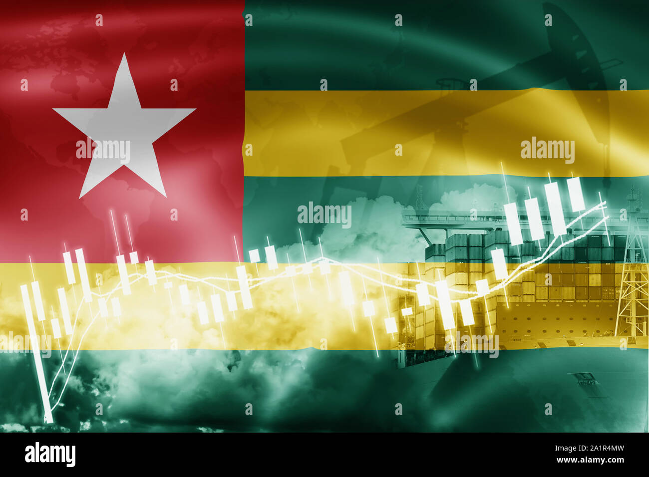 Togo flag, stock market, exchange economy and Trade, oil production, container ship in export