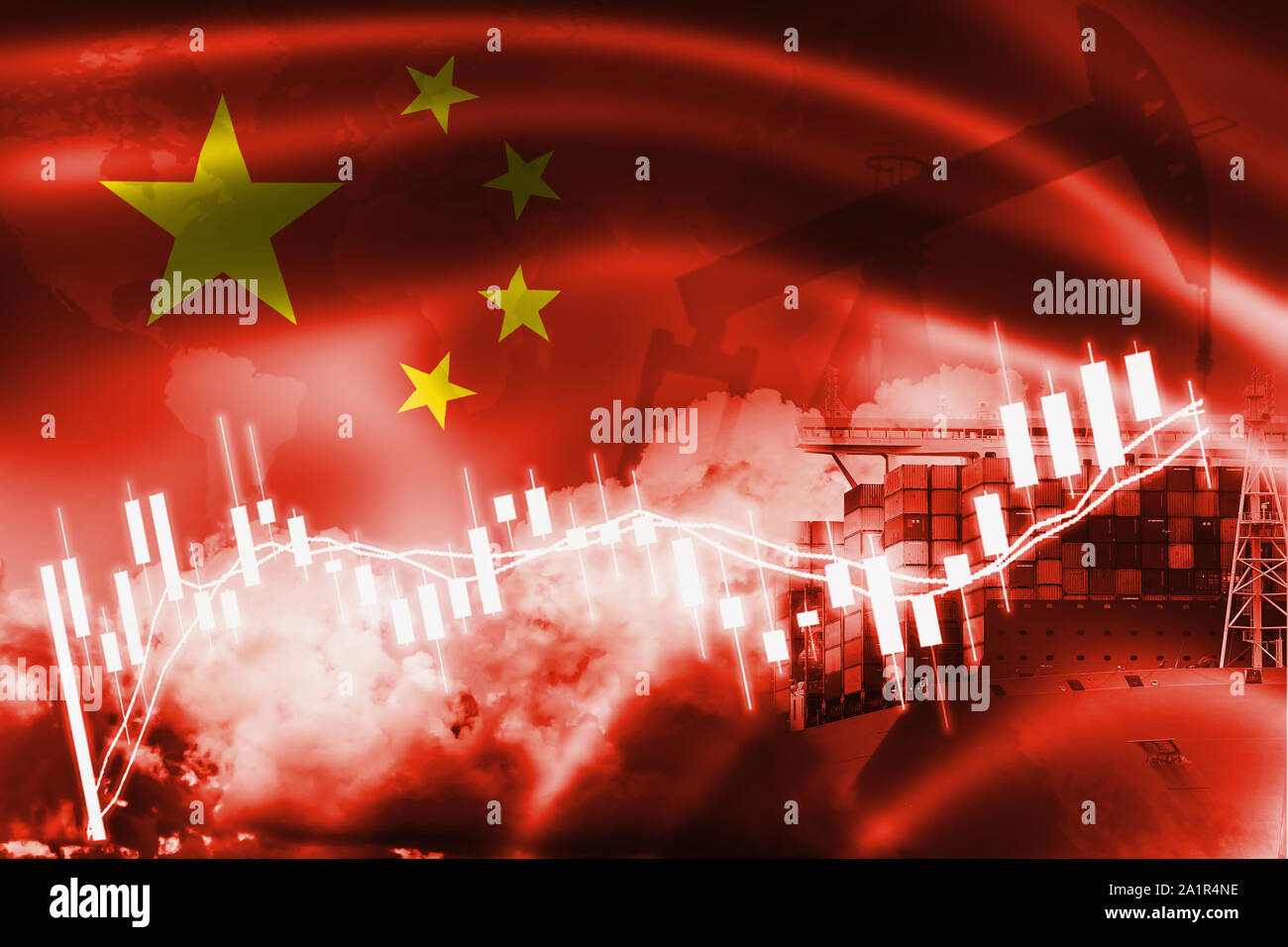 Peoples Republic of China flag, stock market, exchange economy and Trade, oil production, container ship in export and import business and logistics. Stock Photo