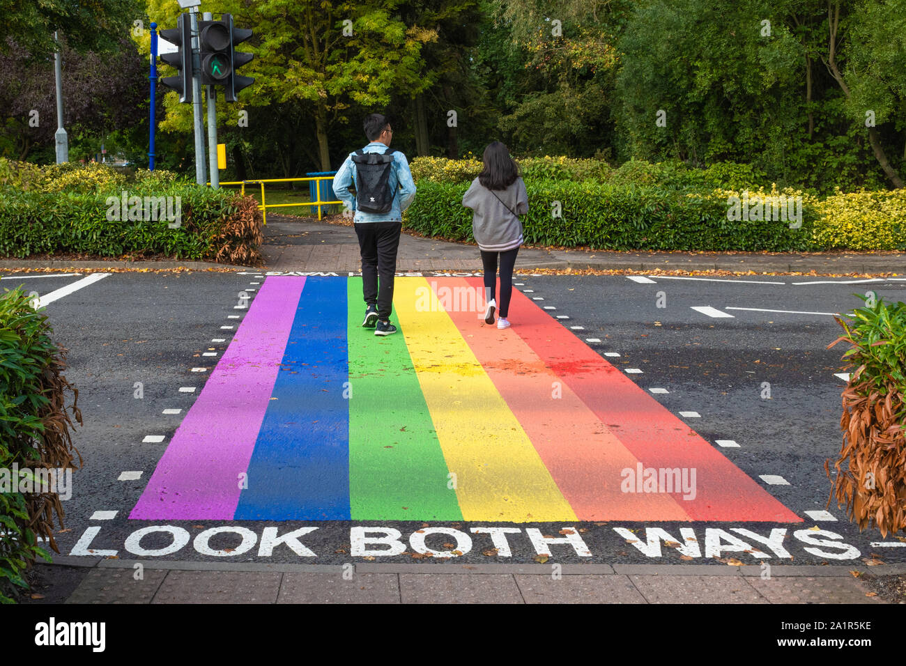 Rainbow pedestrian crossing at the University of Surrey campus in Guildford, UK, in support of the LGBT community Stock Photo