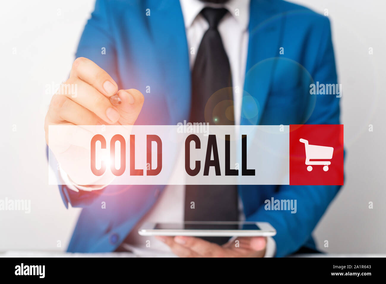 Word writing text Cold Call. Business photo showcasing Unsolicited call made by someone trying to sell goods or services Businessman pointing with pen Stock Photo