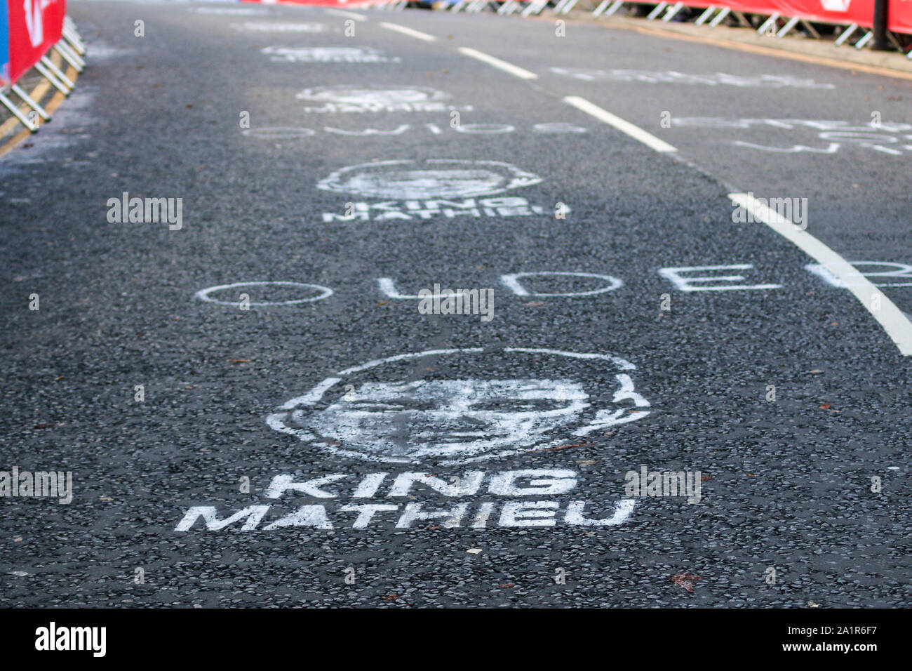 Harrogate, UK. 28th Sep, 2019. Paint on the road shows support for fan favourite Mathieu van der Poel 2019 UCI Road World Championships Womens Elite Road Race. September 28, 2019 Credit Dan-Cooke/Alamy Live News Stock Photo