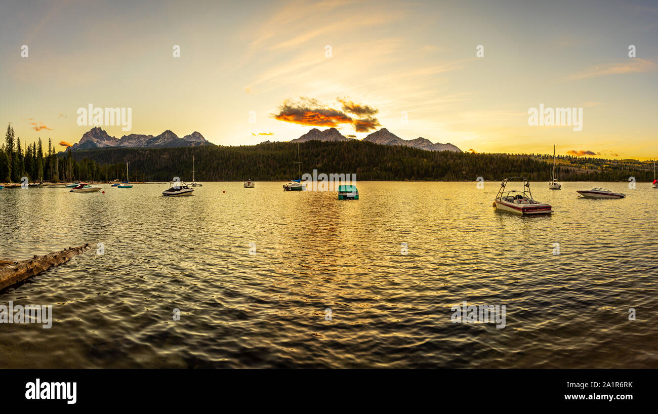 A 4 shot panorama of the sunset at Redfish Lake, Sawtooth NRA, Idaho, USA Stock Photo