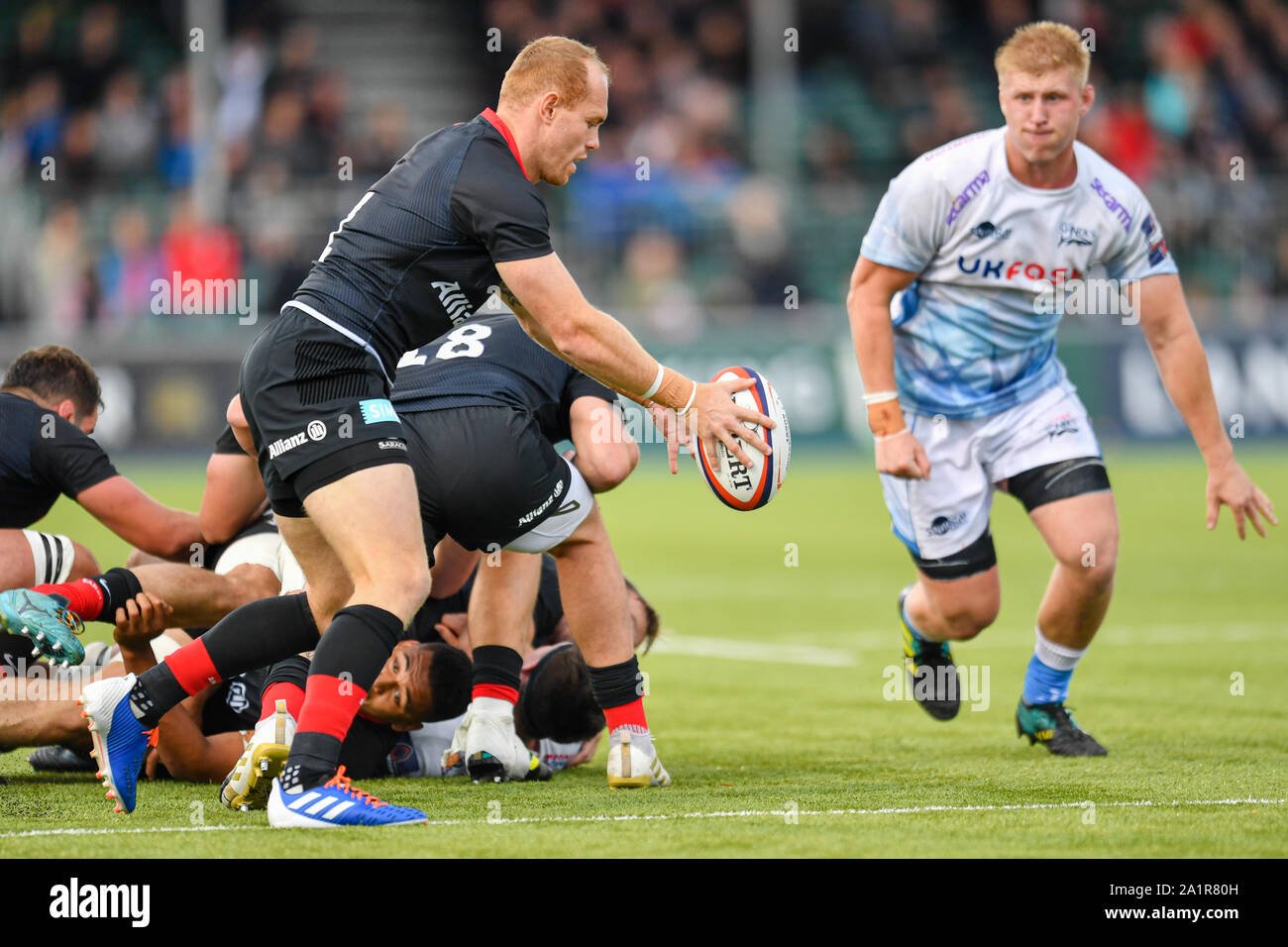 LONDON, United Kingdom. 28th Sep, 2019. Manu Vunipola of Saracens in action during Premiership Rugby Cup match between Saracens and Sale Sharks at Allianz Park on Saturday, 28 September 2019. LONDON England . (Editorial use only, license required for commercial use. No use in betting, games or a single club/league/player publications.) Credit: Taka G Wu/Alamy Live News Stock Photo