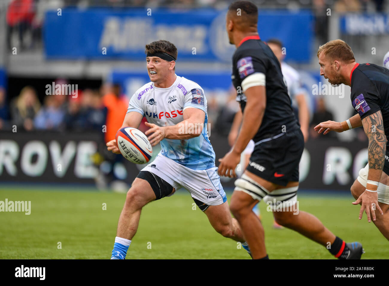 LONDON, United Kingdom. 28th Sep, 2019. James Philips of Sale Sharks in action during Premiership Rugby Cup match between Saracens and Sale Sharks at Allianz Park on Saturday, 28 September 2019. LONDON England . (Editorial use only, license required for commercial use. No use in betting, games or a single club/league/player publications.) Credit: Taka G Wu/Alamy Live News Stock Photo