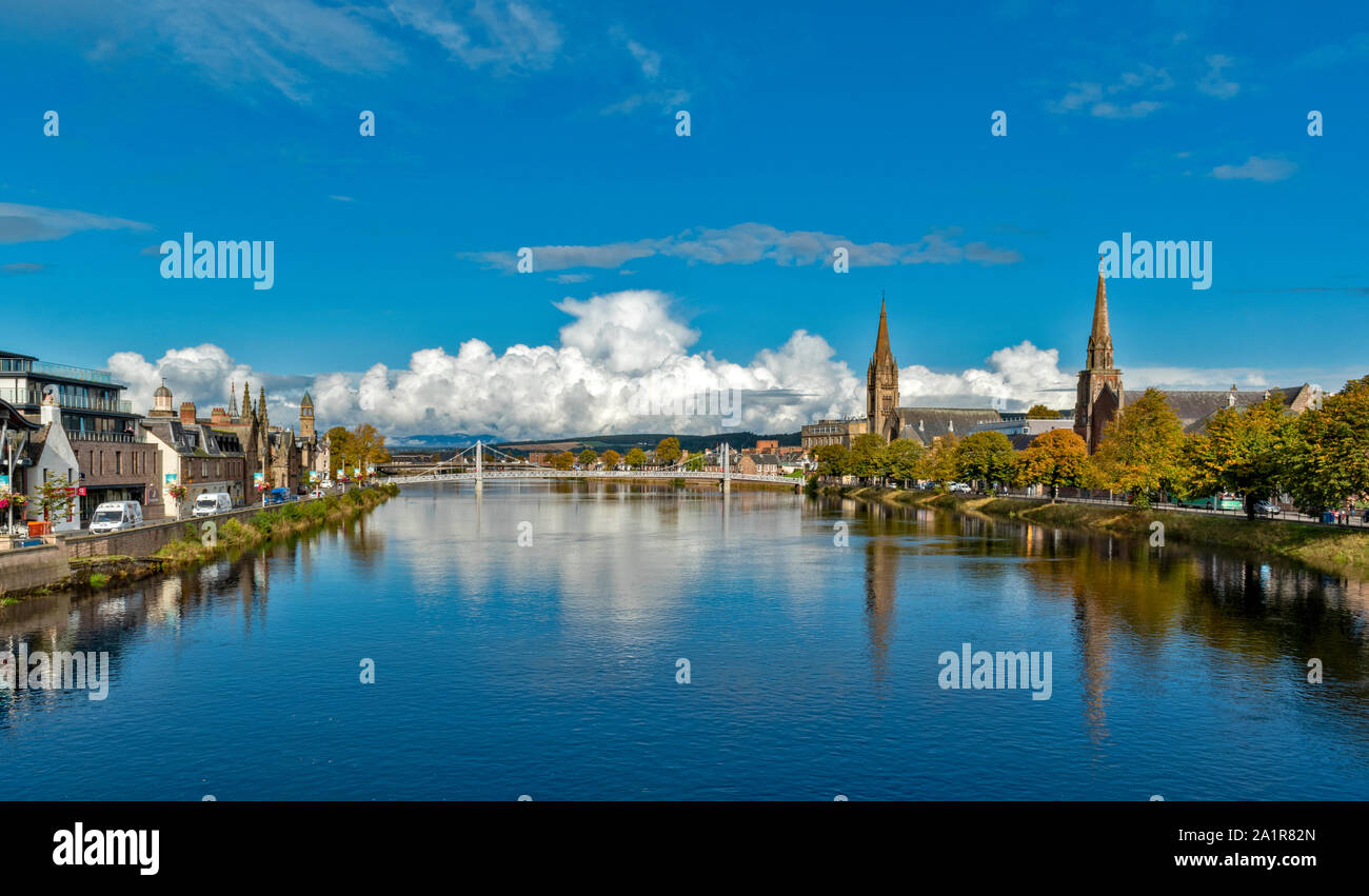 INVERNESS CITY SCOTLAND LOOKING DOWN RIVER FROM NESS BRIDGE TO GREIG STREET BRIDGE HUNTLY STREET