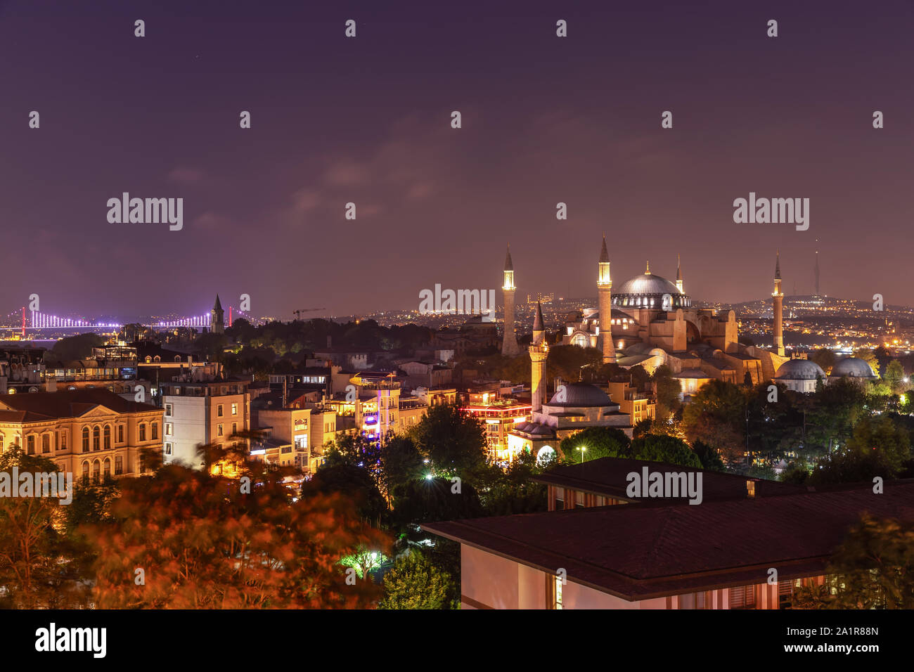 Night Istanbul, view on Hagia Sophia, the Bosphorus Bridge and the Galata Tower Stock Photo