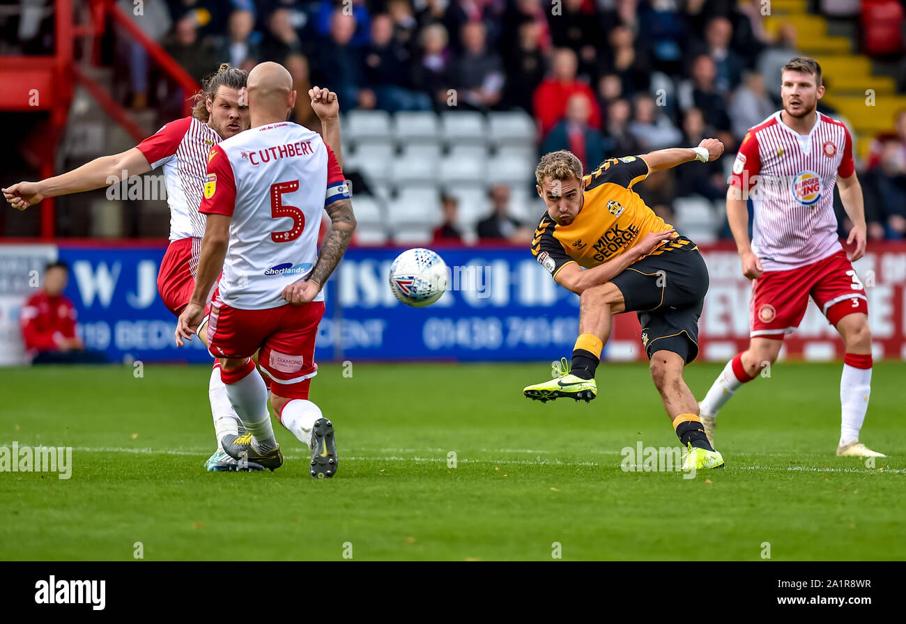 Stevenage, UK. 28th Sep, 2019. George Maris of Cambridge United FC shoots for goal during the EFL Sky Bet League 2 match between Stevenage and Cambridge United at the Lamex Stadium, Stevenage, England on 28 September 2019. Photo by Phil Hutchinson. Editorial use only, license required for commercial use. No use in betting, games or a single club/league/player publications. Credit: UK Sports Pics Ltd/Alamy Live News Stock Photo