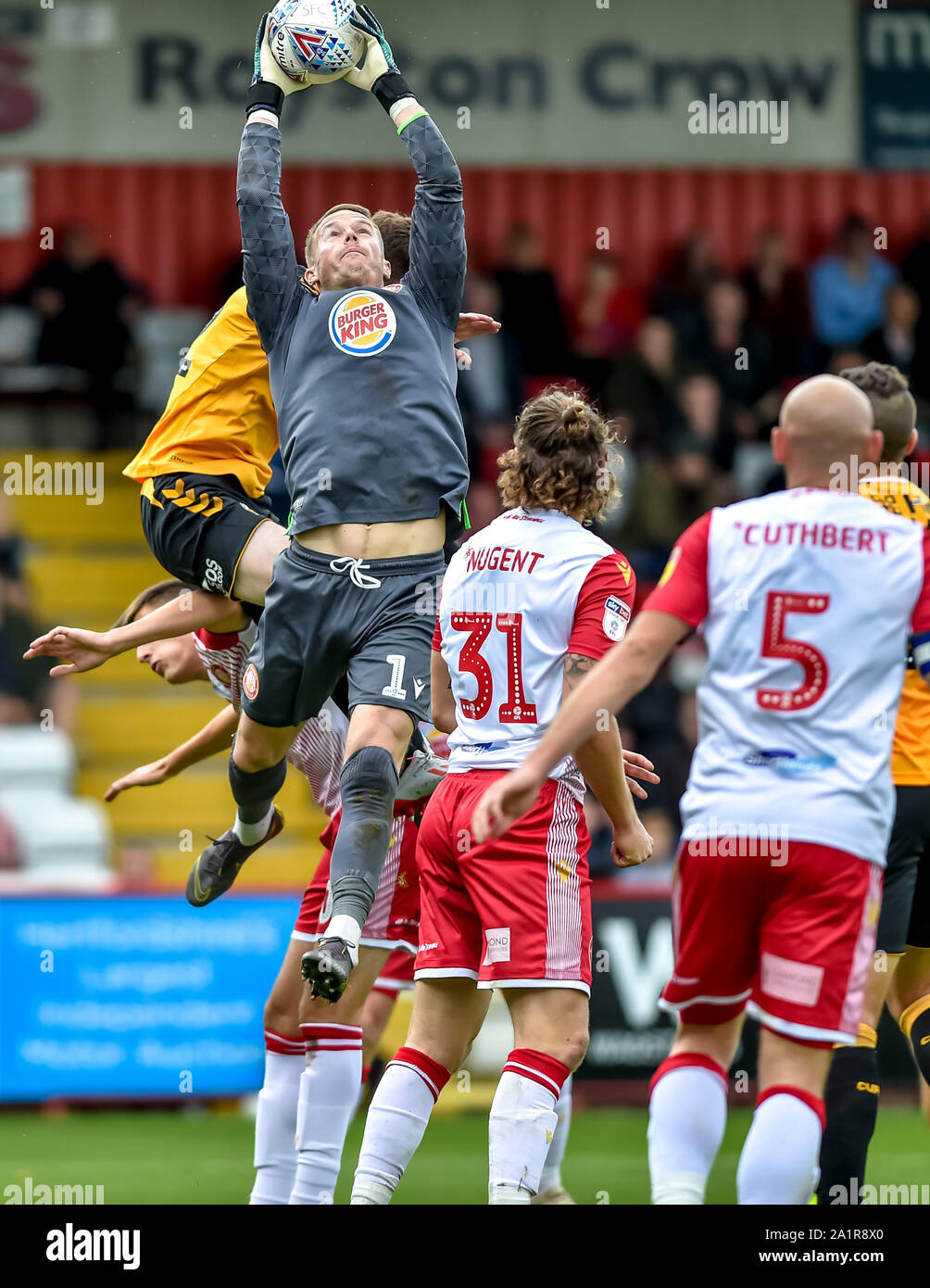 Stevenage, UK. 28th Sep, 2019. Paul Farman of Stevenage FC makes an important catch during the EFL Sky Bet League 2 match between Stevenage and Cambridge United at the Lamex Stadium, Stevenage, England on 28 September 2019. Photo by Phil Hutchinson. Editorial use only, license required for commercial use. No use in betting, games or a single club/league/player publications. Credit: UK Sports Pics Ltd/Alamy Live News Stock Photo