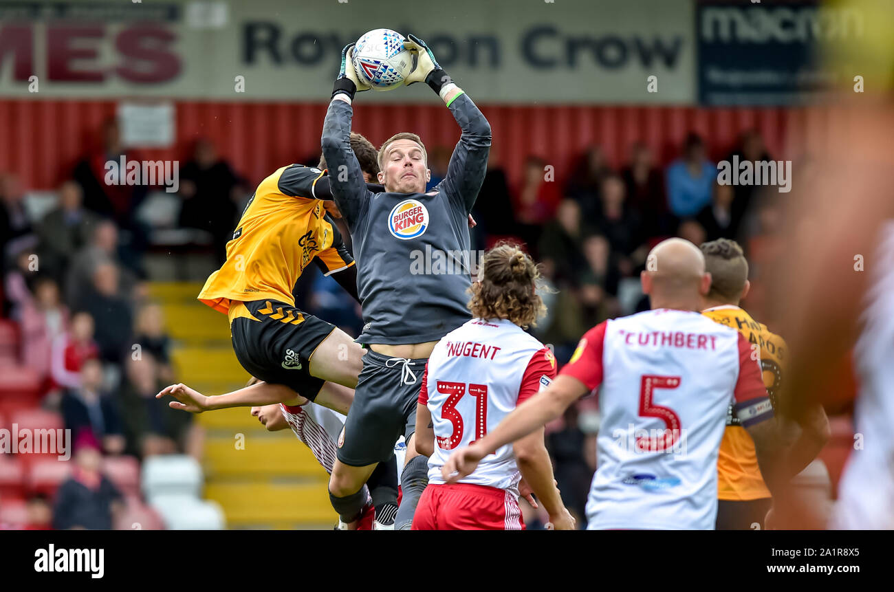 Stevenage, UK. 28th Sep, 2019. Paul Farman of Stevenage FC makes an important catch during the EFL Sky Bet League 2 match between Stevenage and Cambridge United at the Lamex Stadium, Stevenage, England on 28 September 2019. Photo by Phil Hutchinson. Editorial use only, license required for commercial use. No use in betting, games or a single club/league/player publications. Credit: UK Sports Pics Ltd/Alamy Live News Stock Photo