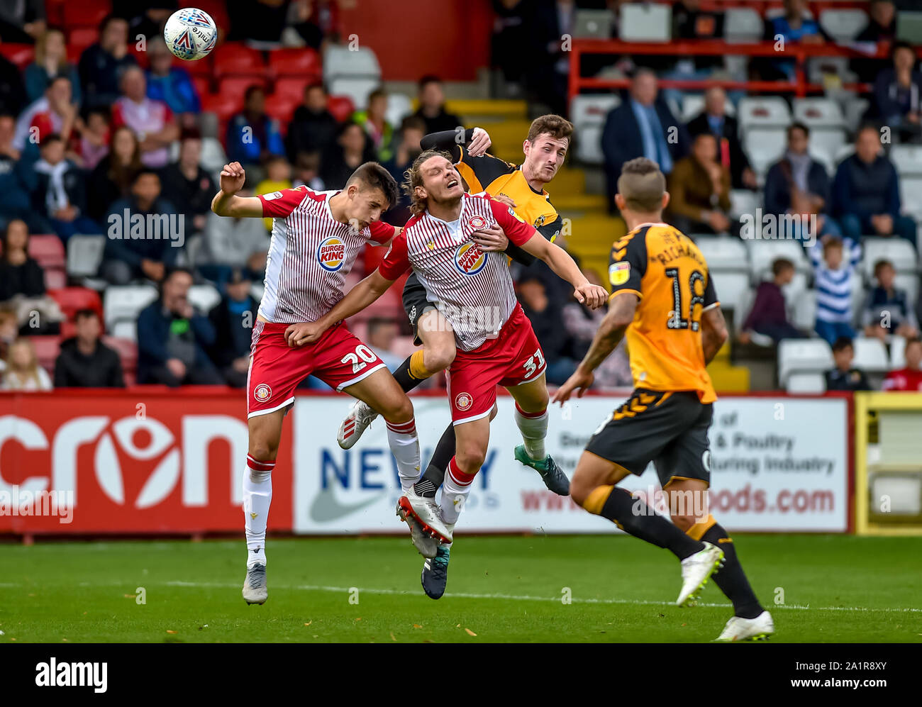 Stevenage, UK. 28th Sep, 2019. Ben Nugent and Kelland watts of Stevenage FC challenge for the high ball during the EFL Sky Bet League 2 match between Stevenage and Cambridge United at the Lamex Stadium, Stevenage, England on 28 September 2019. Photo by Phil Hutchinson. Editorial use only, license required for commercial use. No use in betting, games or a single club/league/player publications. Credit: UK Sports Pics Ltd/Alamy Live News Stock Photo