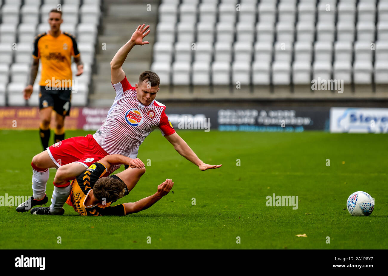 Stevenage, UK. 28th Sep, 2019. Jason Cowley of Stevenage FC is brought down during the EFL Sky Bet League 2 match between Stevenage and Cambridge United at the Lamex Stadium, Stevenage, England on 28 September 2019. Photo by Phil Hutchinson. Editorial use only, license required for commercial use. No use in betting, games or a single club/league/player publications. Credit: UK Sports Pics Ltd/Alamy Live News Stock Photo