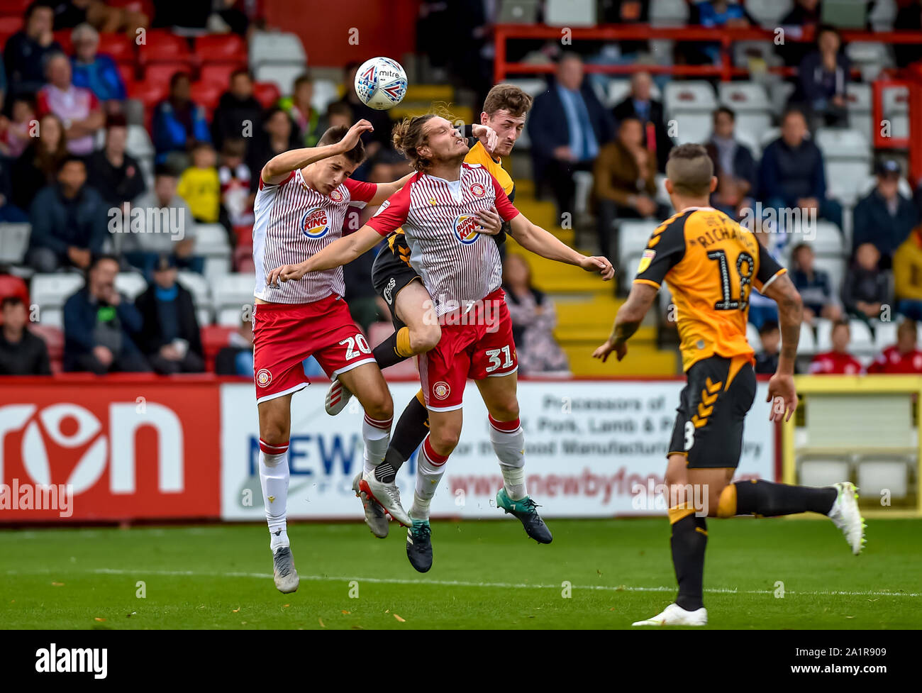 Stevenage, UK. 28th Sep, 2019. Ben Nugent and Kelland watts of Stevenage FC challenge for the high ball during the EFL Sky Bet League 2 match between Stevenage and Cambridge United at the Lamex Stadium, Stevenage, England on 28 September 2019. Photo by Phil Hutchinson. Editorial use only, license required for commercial use. No use in betting, games or a single club/league/player publications. Credit: UK Sports Pics Ltd/Alamy Live News Stock Photo