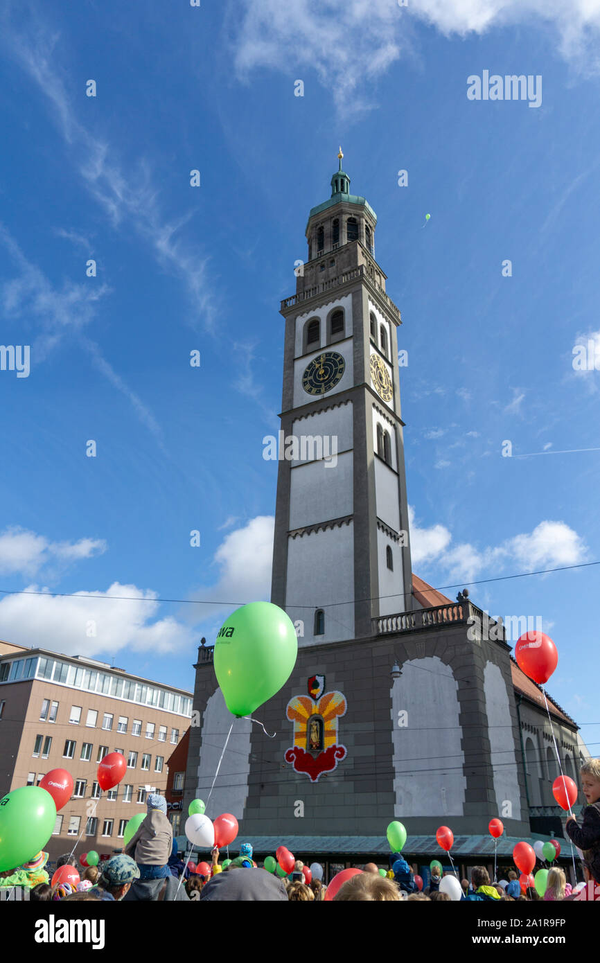 Turamichele celebration with ballons in front of Perlach tower in Augsburg, Germany, Bavaria Stock Photo