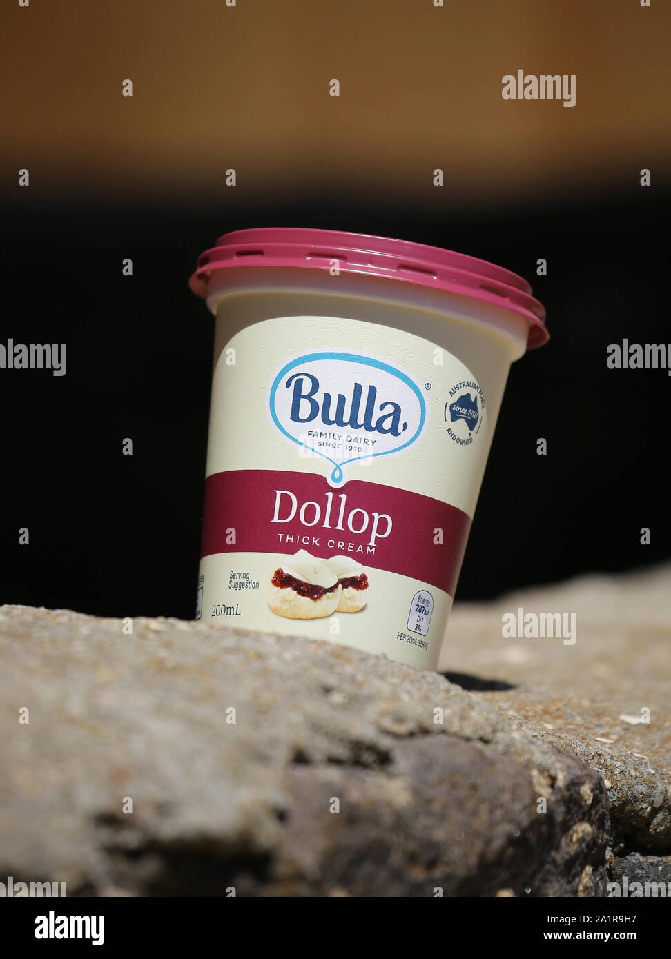 Bulla Australian Family Dairy thick double cream, aptly named 'Dollop'. Stock Photo